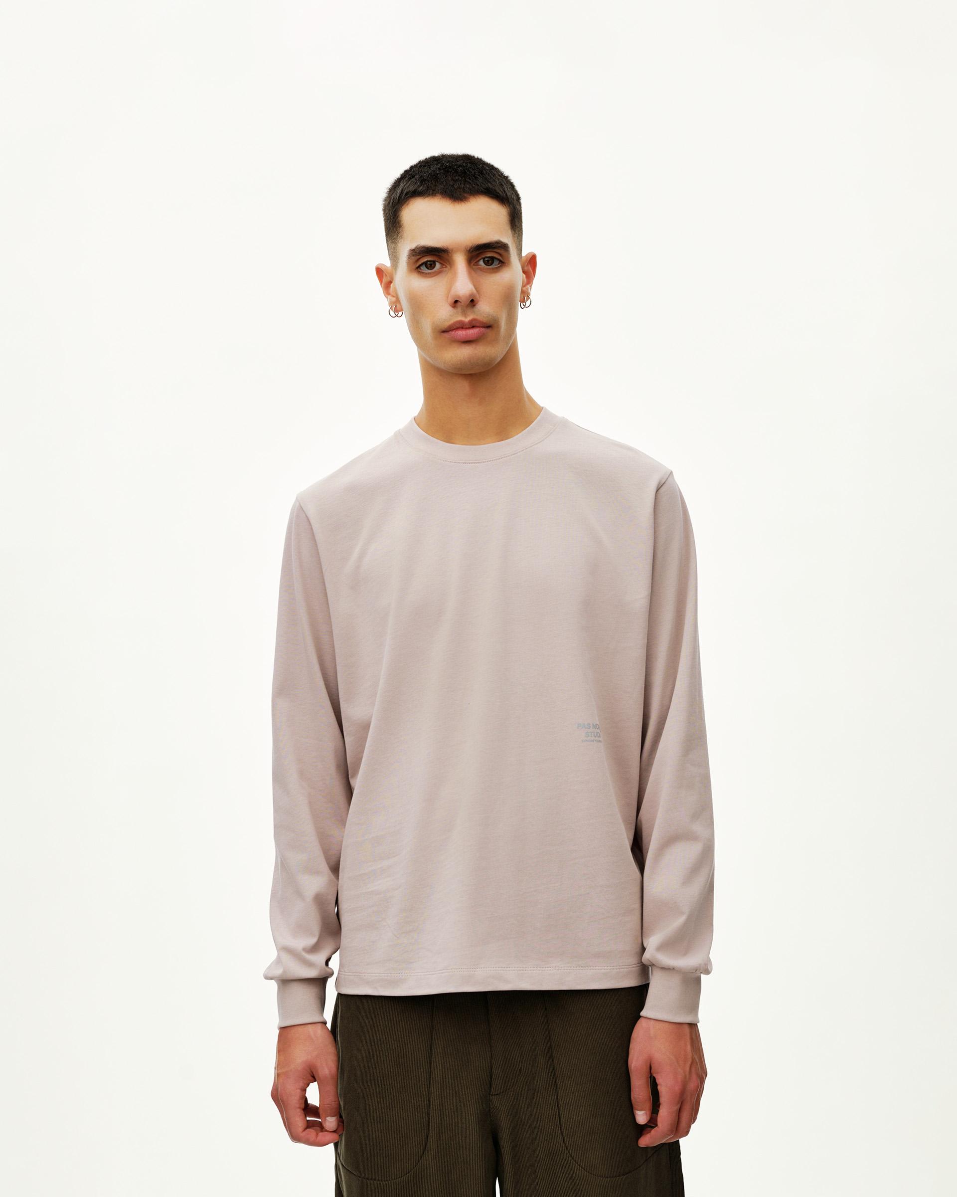 Haze purple Off-Race Long Sleeve Graphic T-shirt on model, front view with small chest print