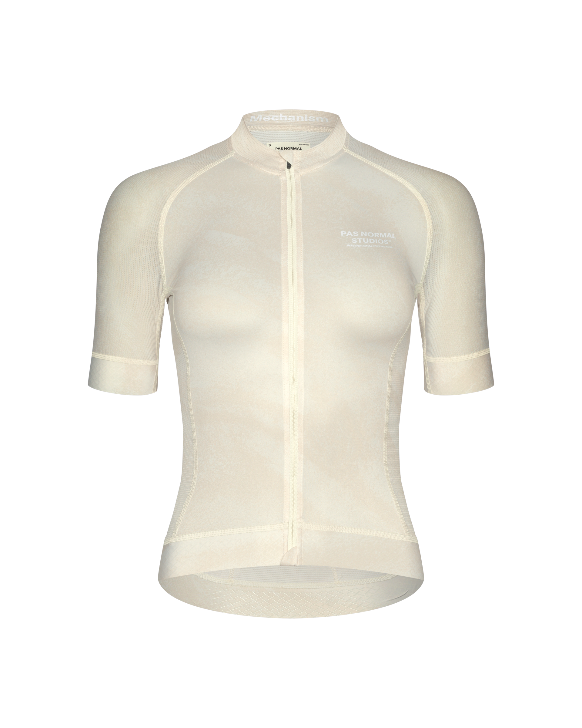 Off White Mechanism cycling jersey, front view with mesh panels and contrast stitching