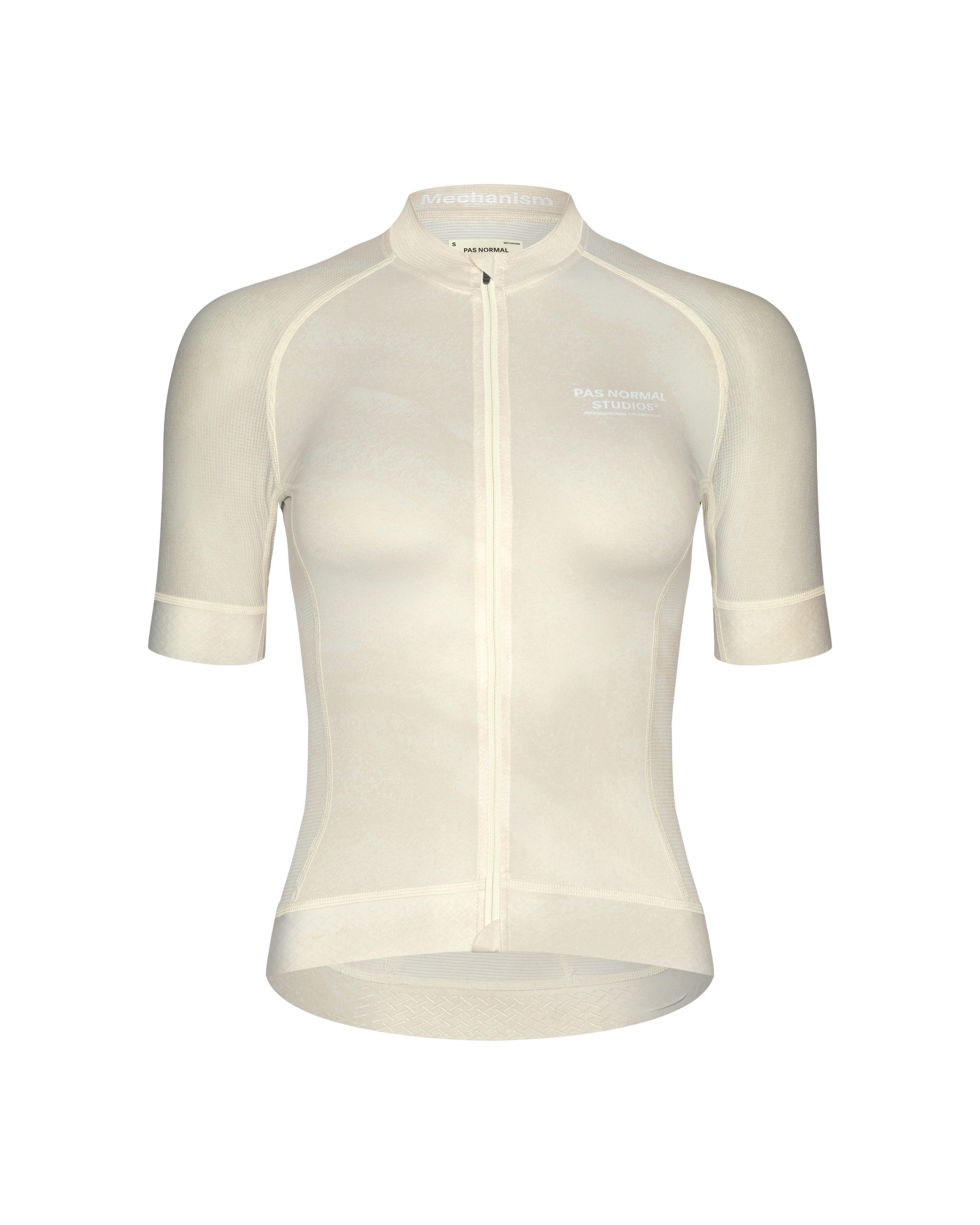 Off White Mechanism cycling jersey, front view with mesh panels and contrast stitching
