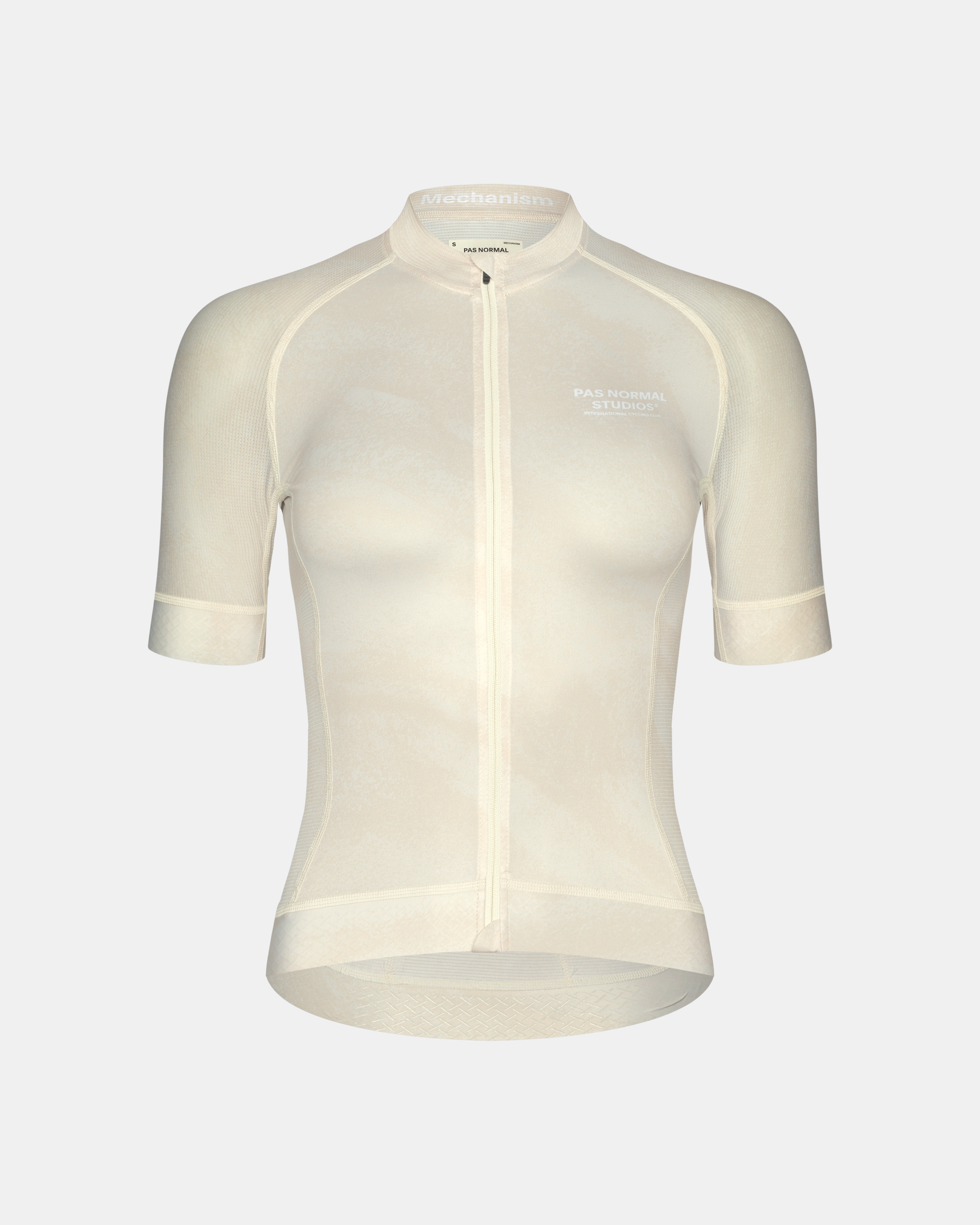 Off White Mechanism cycling jersey, front view with mesh panels and contrast stitching