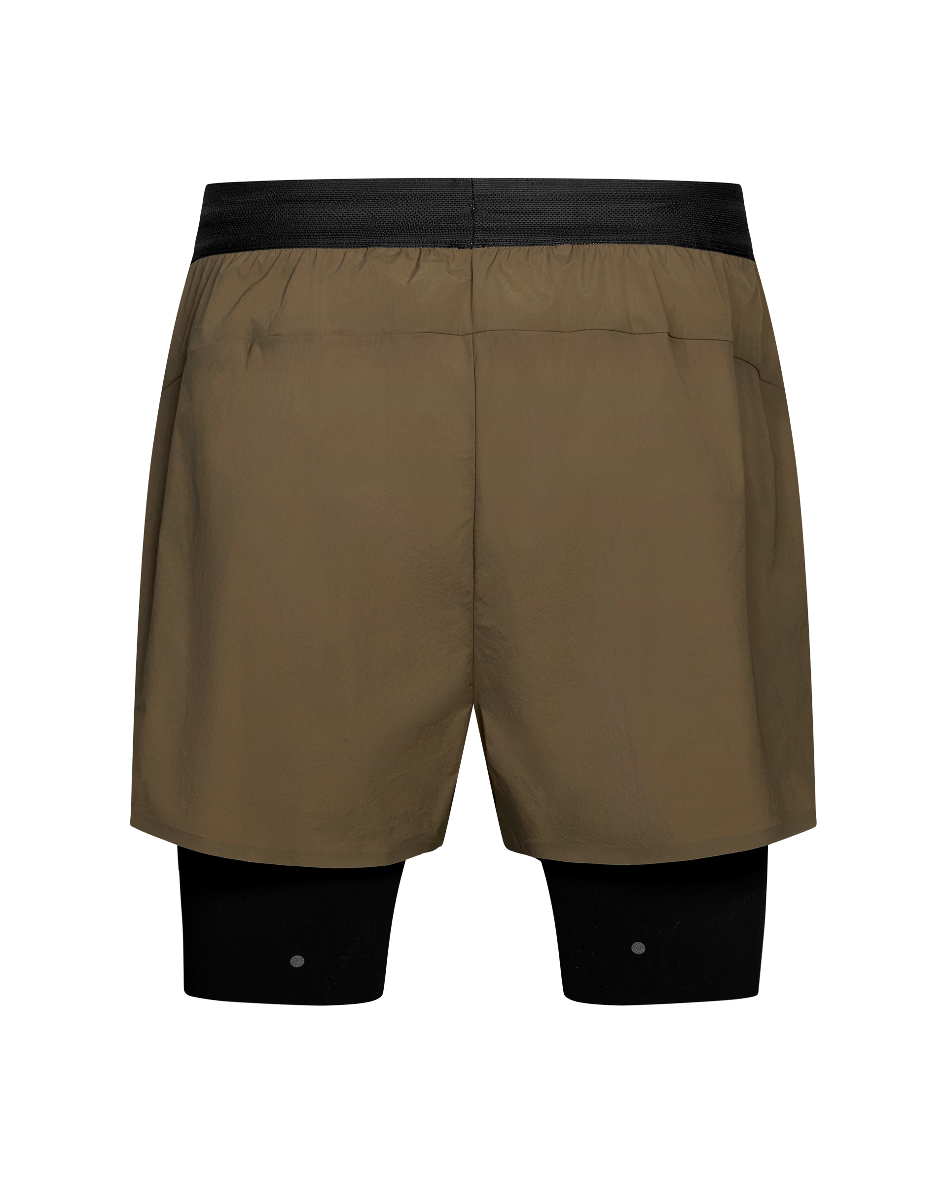 Brown T.K.O. Balance 2-in-1 shorts, front view with black compression shorts underneath