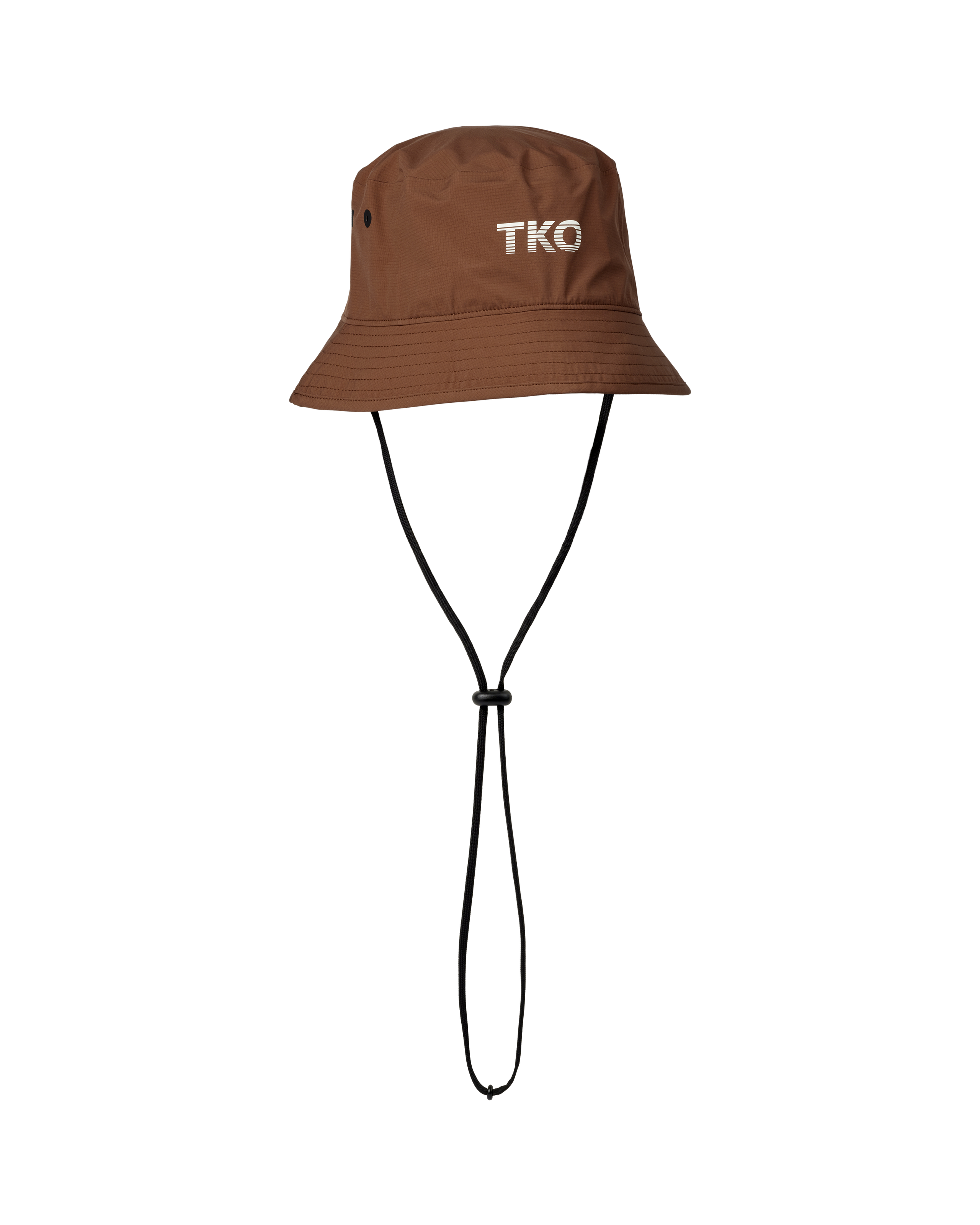 Hazel brown T.K.O. Off-Race Shield bucket hat, three-quarter view with chin cord and white TKO logo print