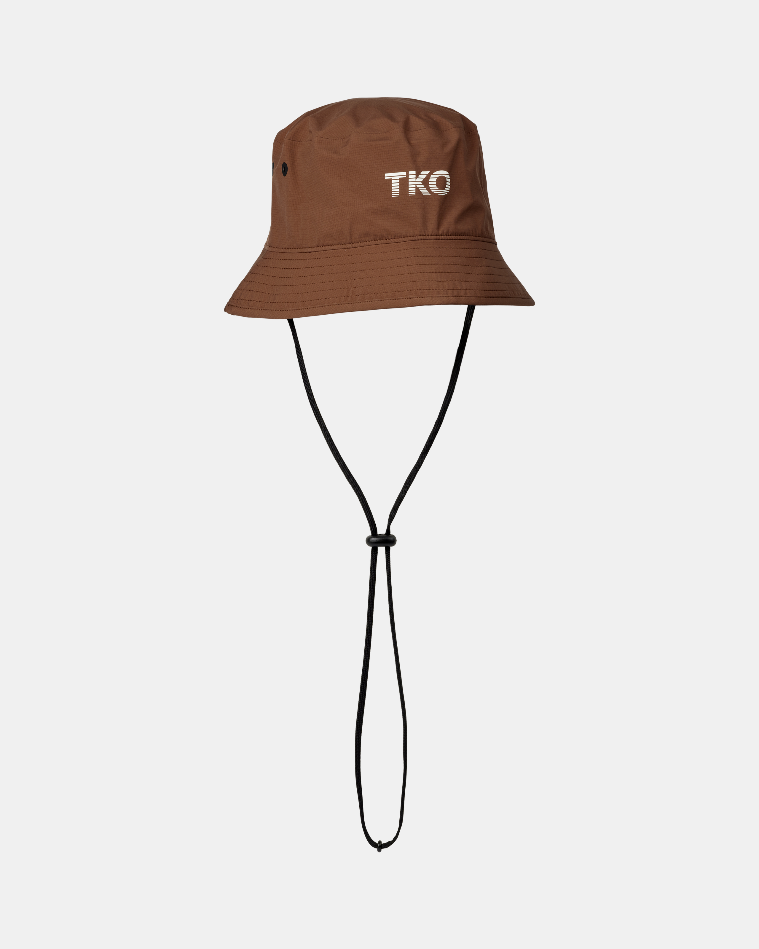 Hazel brown T.K.O. Off-Race Shield bucket hat, three-quarter view with chin cord and white TKO logo print