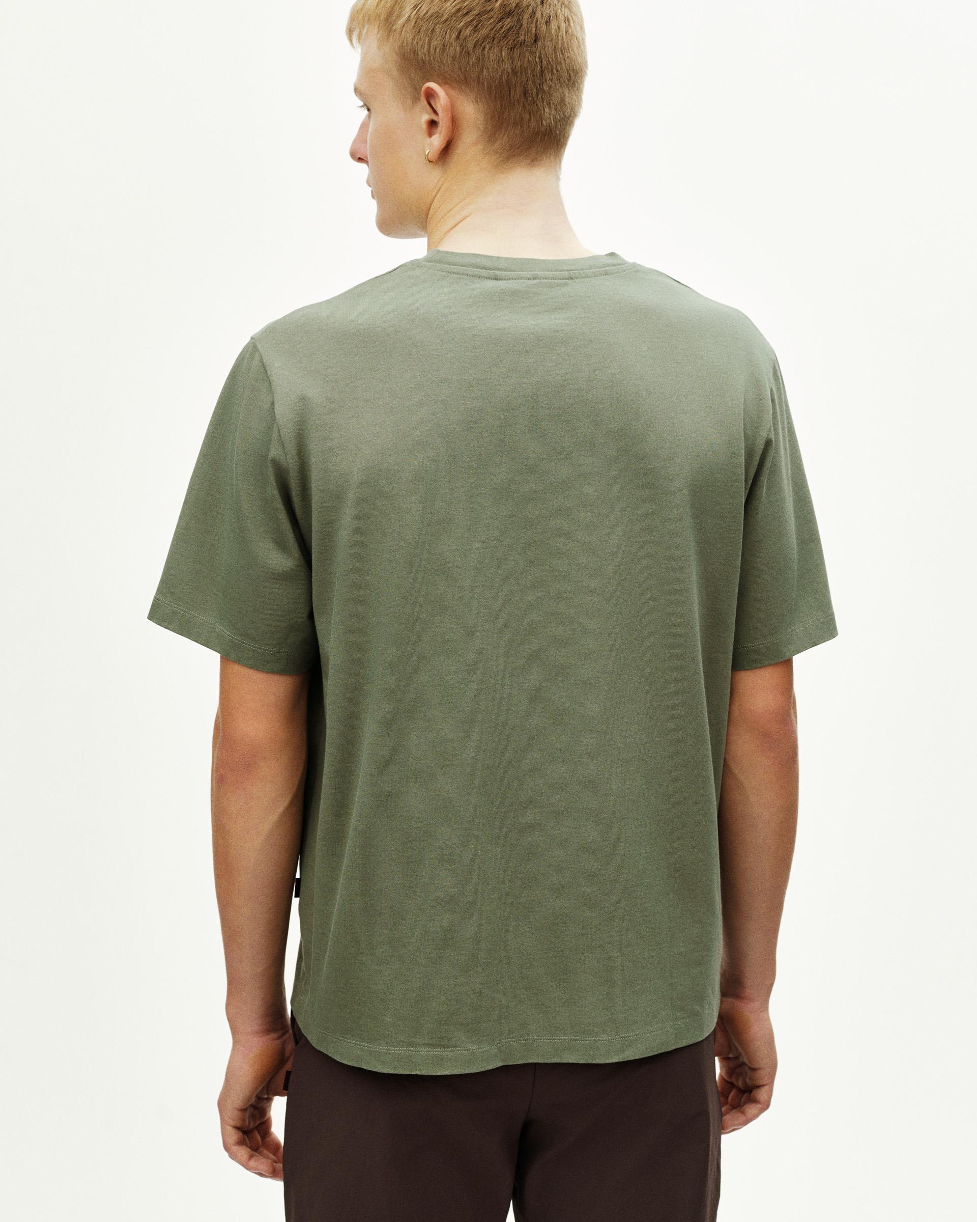 Green Off-Race t-shirt, rear view on model with relaxed fit