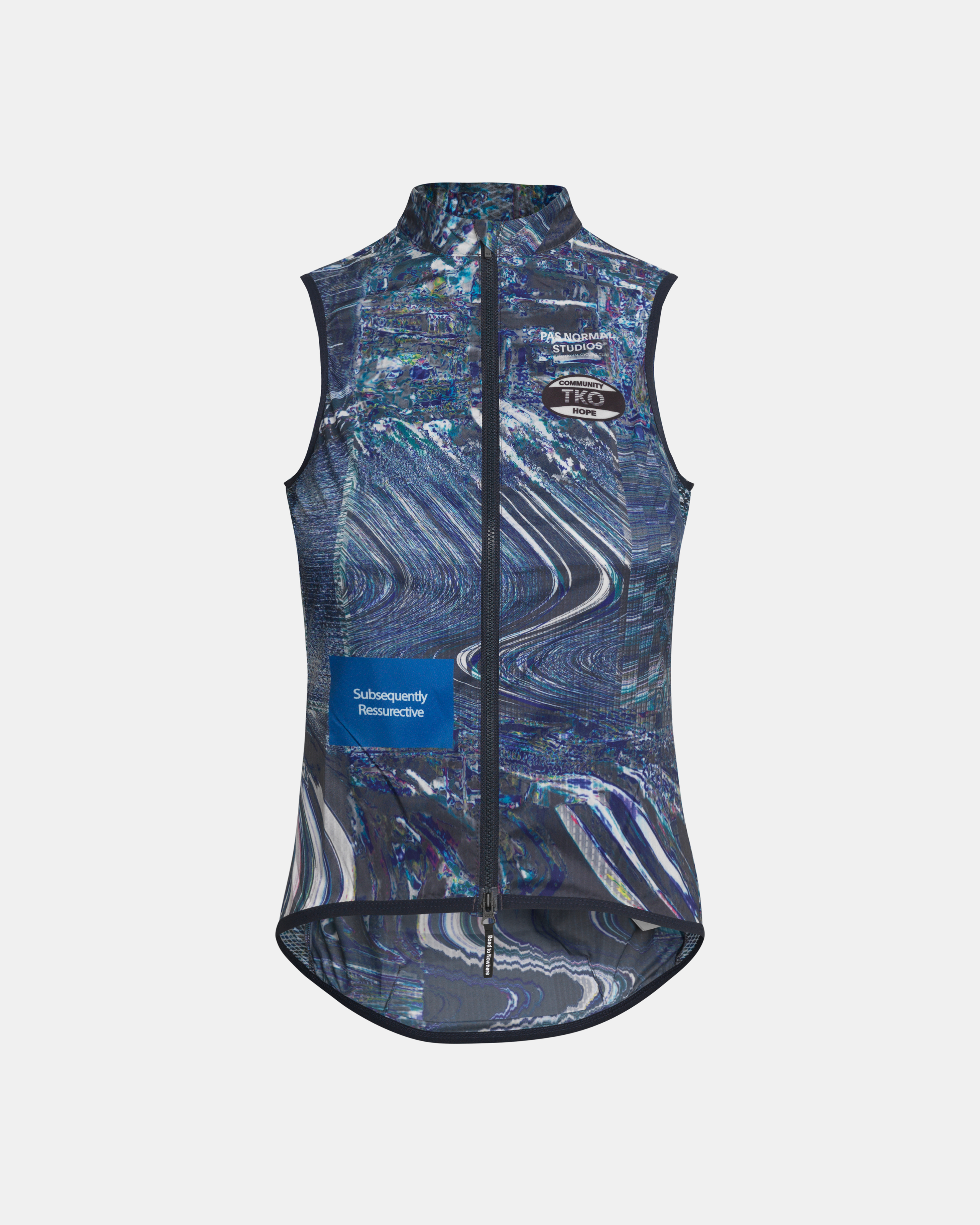 Human Error Blue T.K.O. Mechanism Stow Away cycling gilet, front flat lay with abstract glitch print and blue chest patch