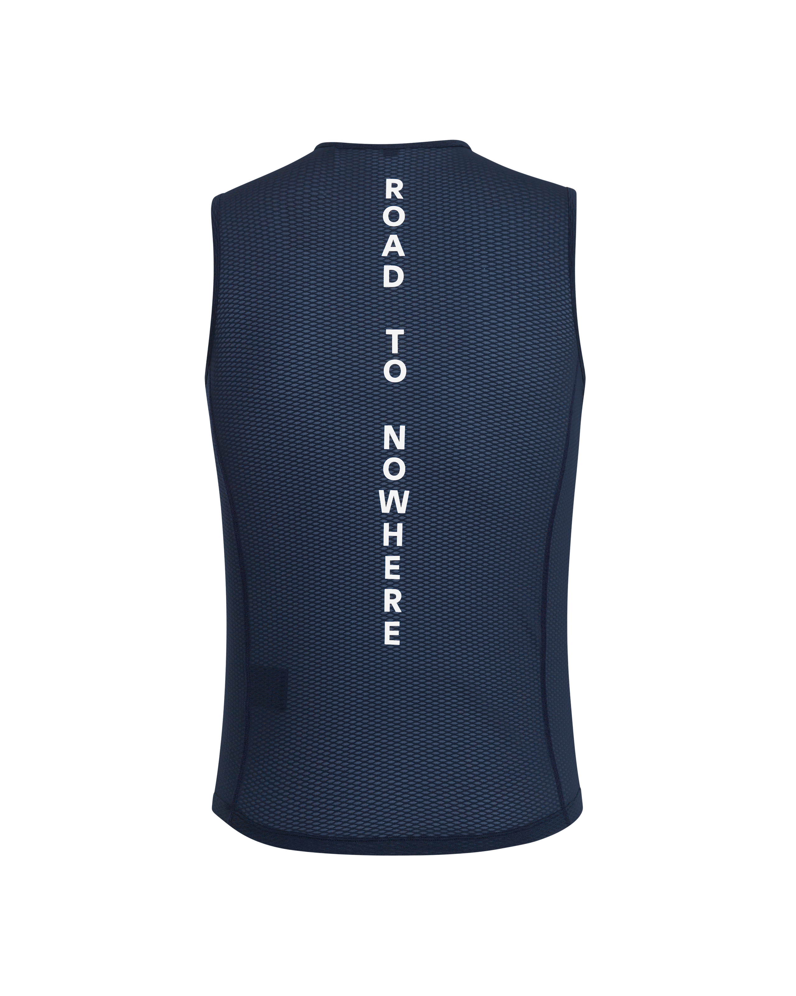 Navy Mechanism sleeveless base layer, rear flat lay with white vertical spine text