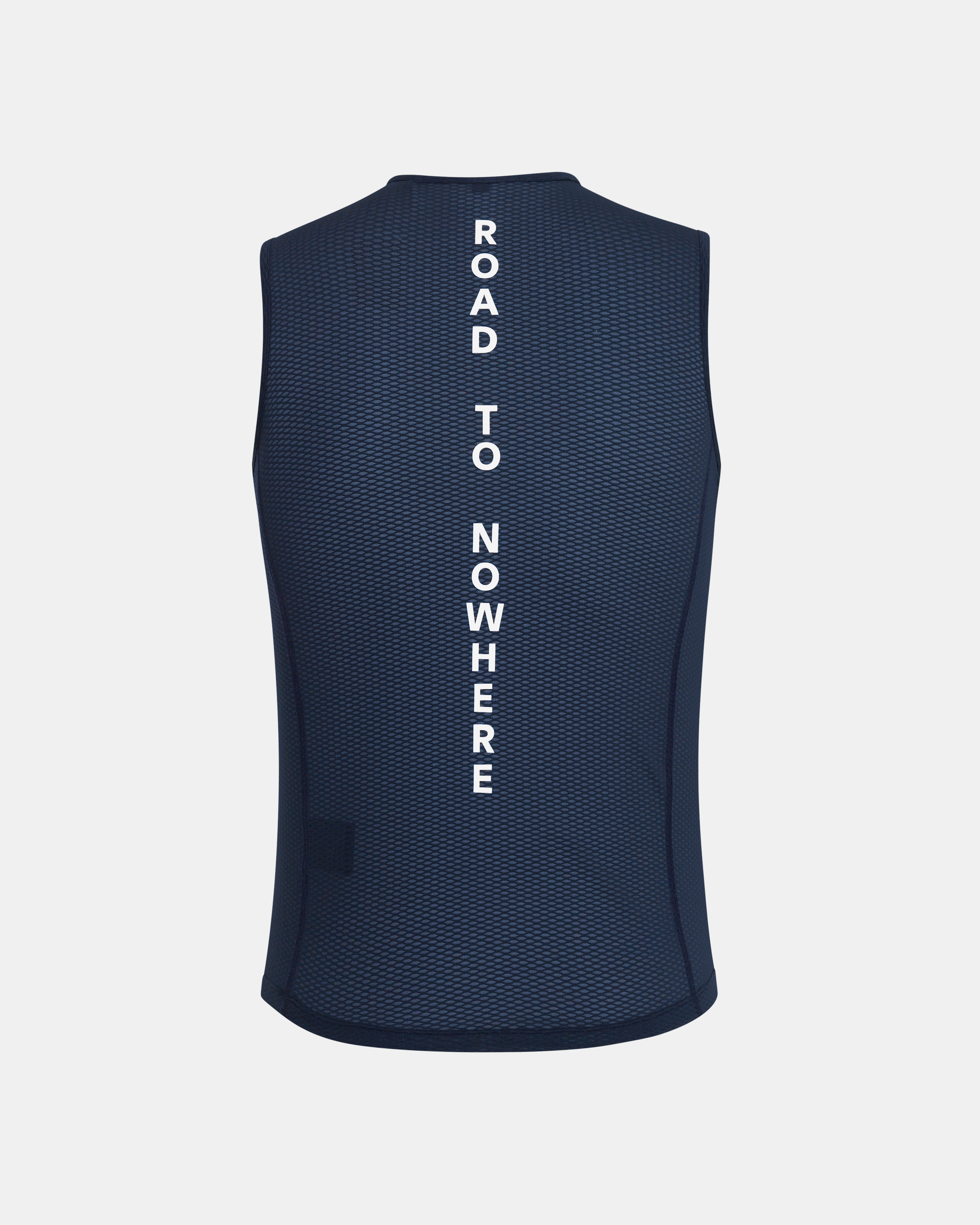 Navy Mechanism sleeveless base layer, rear flat lay with white vertical spine text