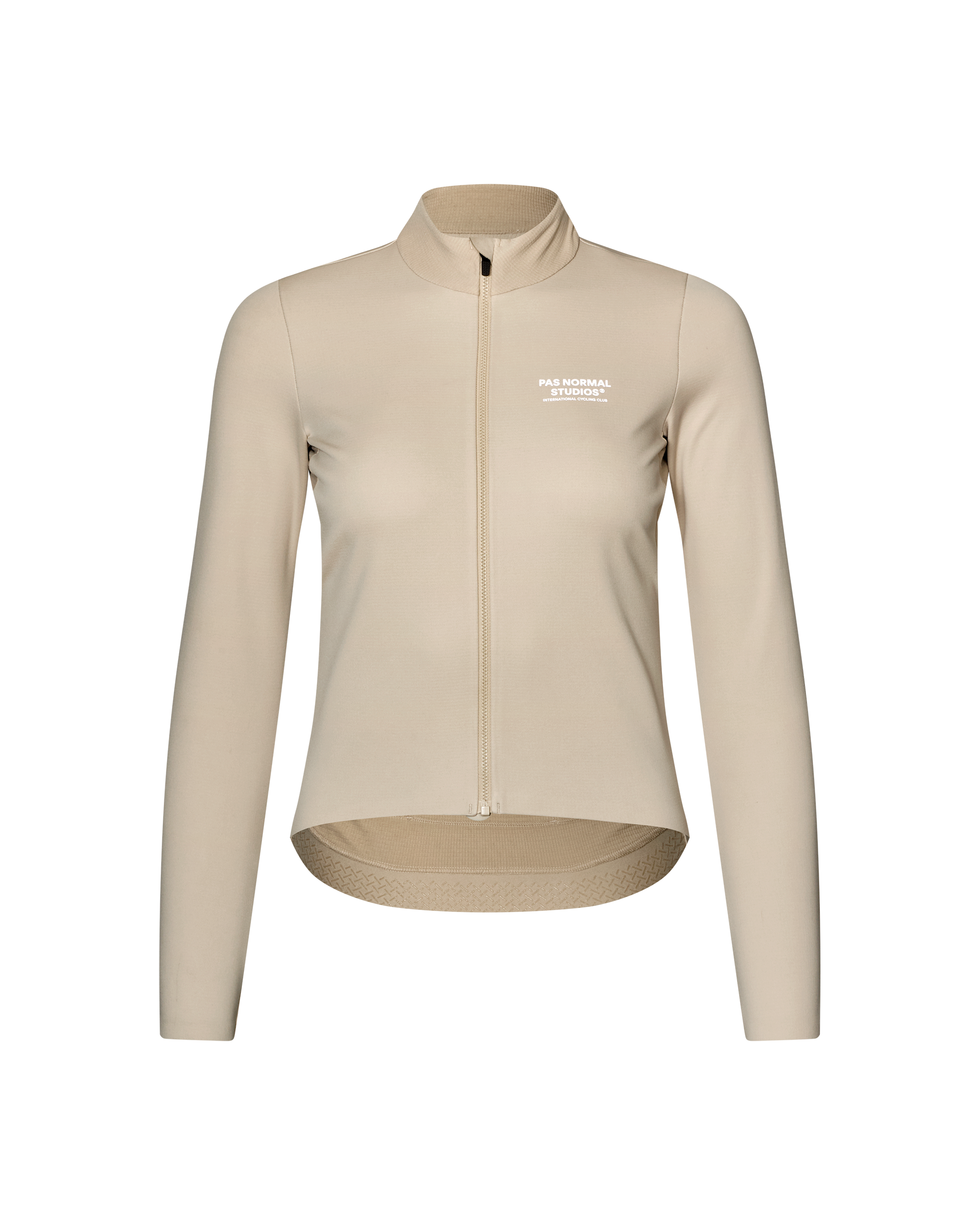Linen Mechanism Thermal Long Sleeve cycling jersey, front flat lay with full zip and white chest print