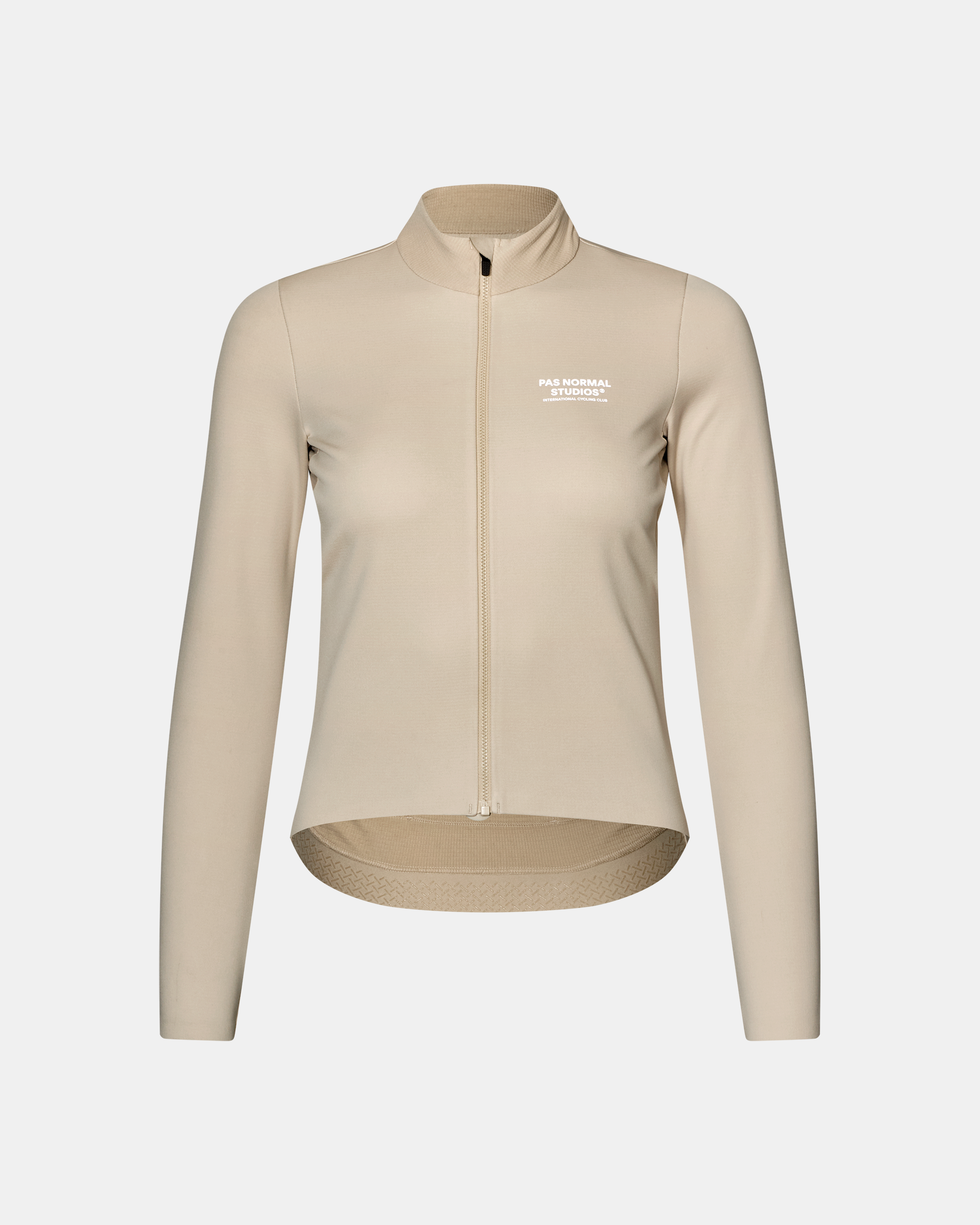 Linen Mechanism Thermal Long Sleeve cycling jersey, front flat lay with full zip and white chest print