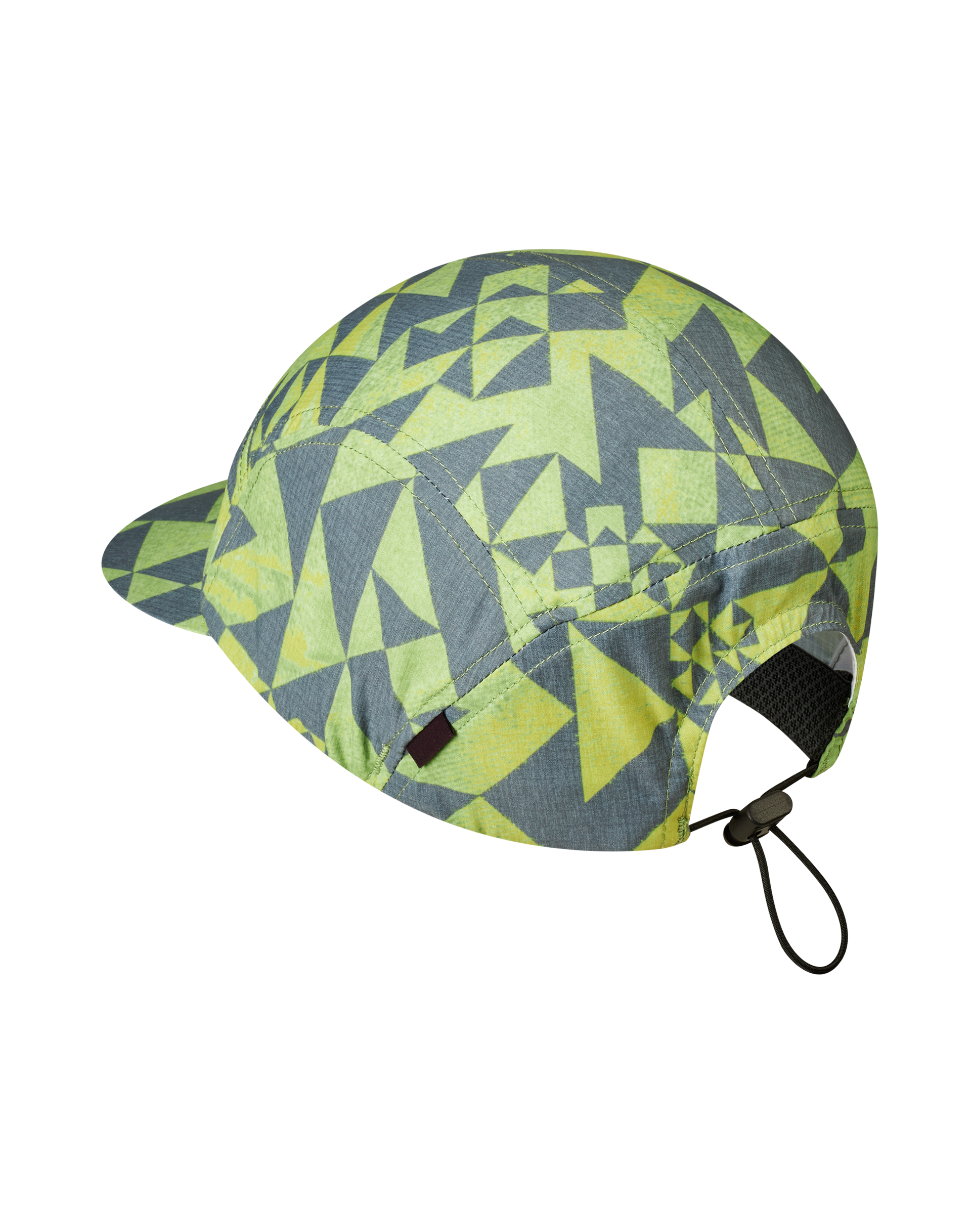Green Origami Balance Cap, three-quarter view with geometric triangle print and rear cord adjuster