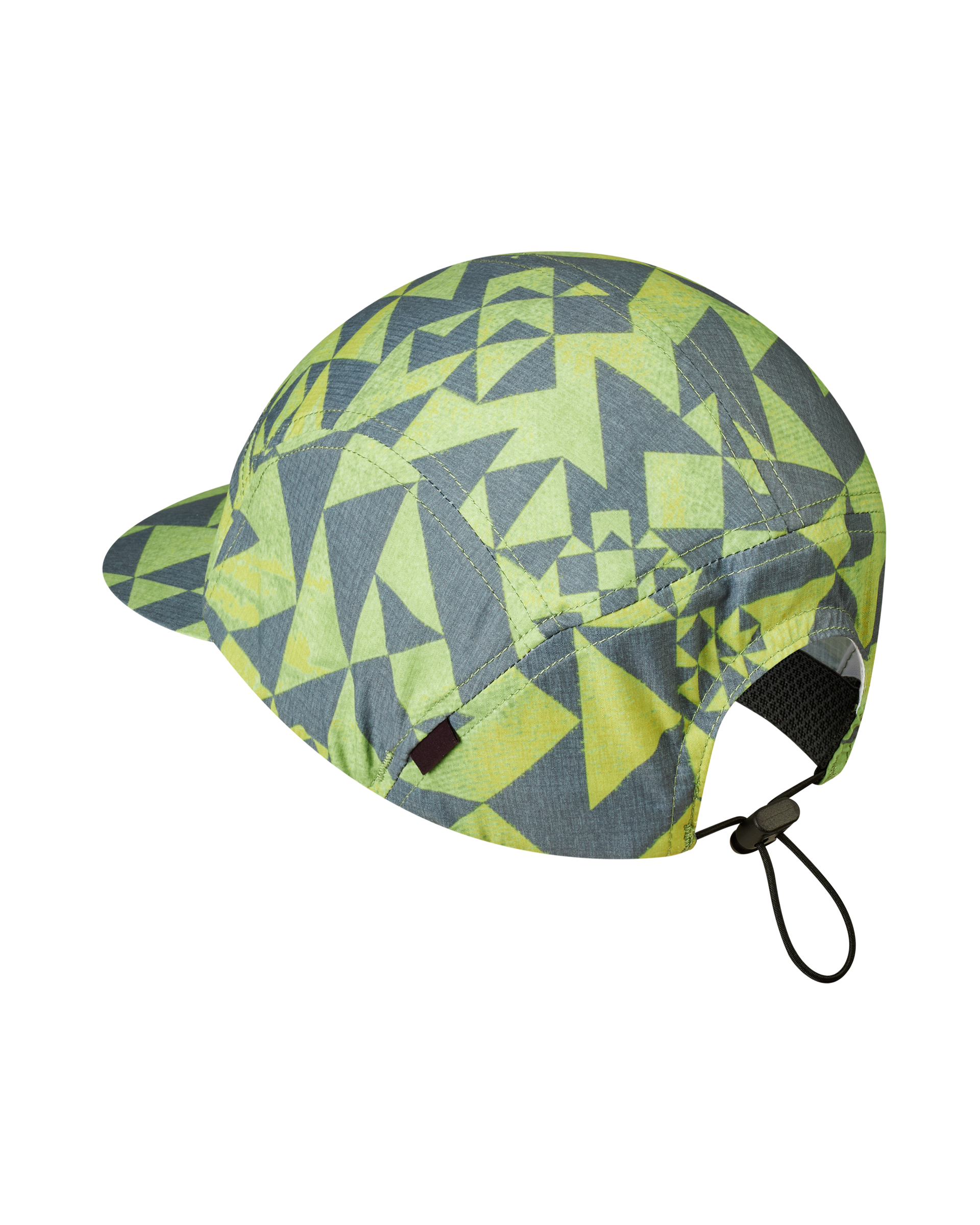 Green Origami Balance Cap, three-quarter view with geometric triangle print and rear cord adjuster