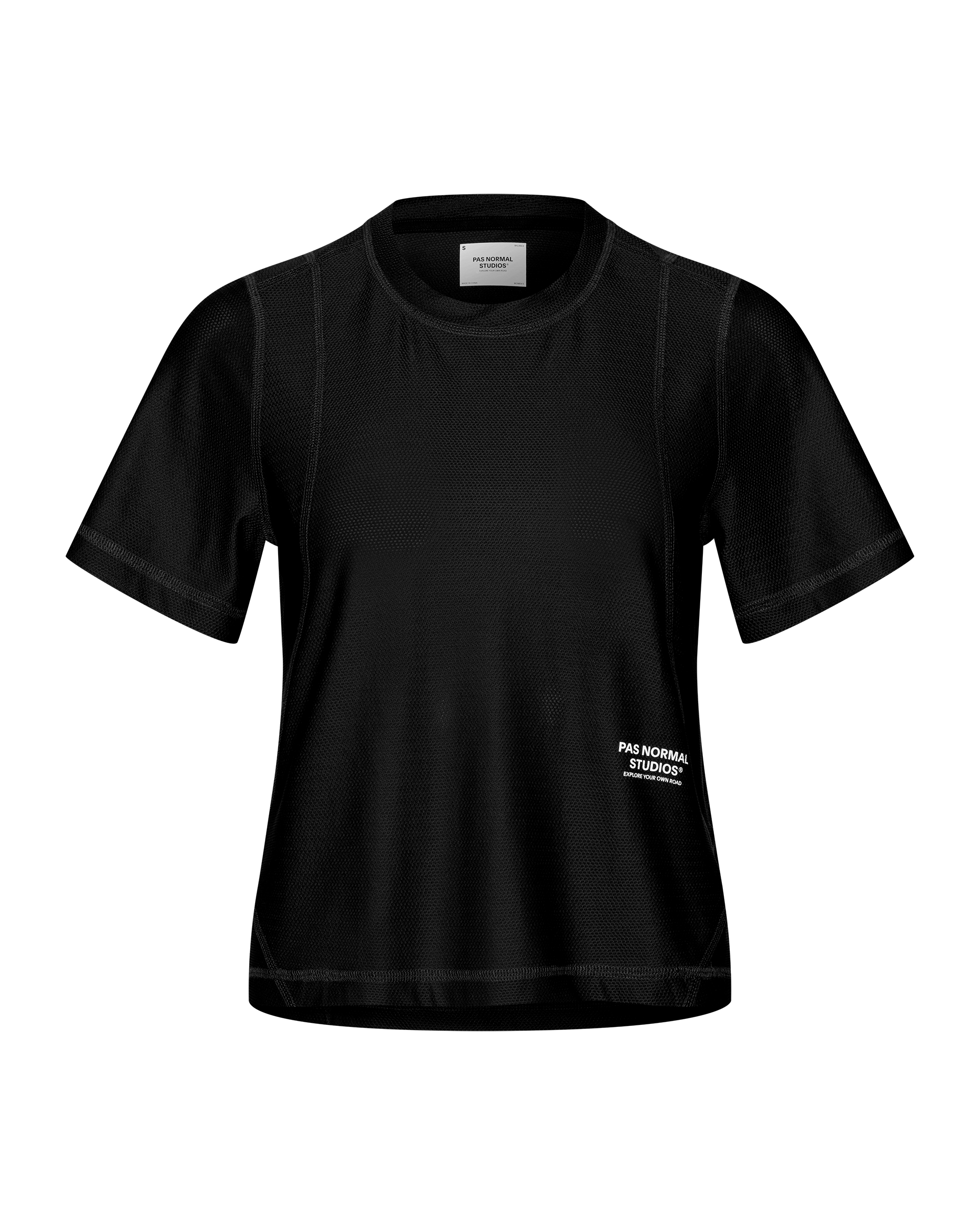 Black Balance women's T-shirt, front flat lay with mesh fabric panels and white chest logo print