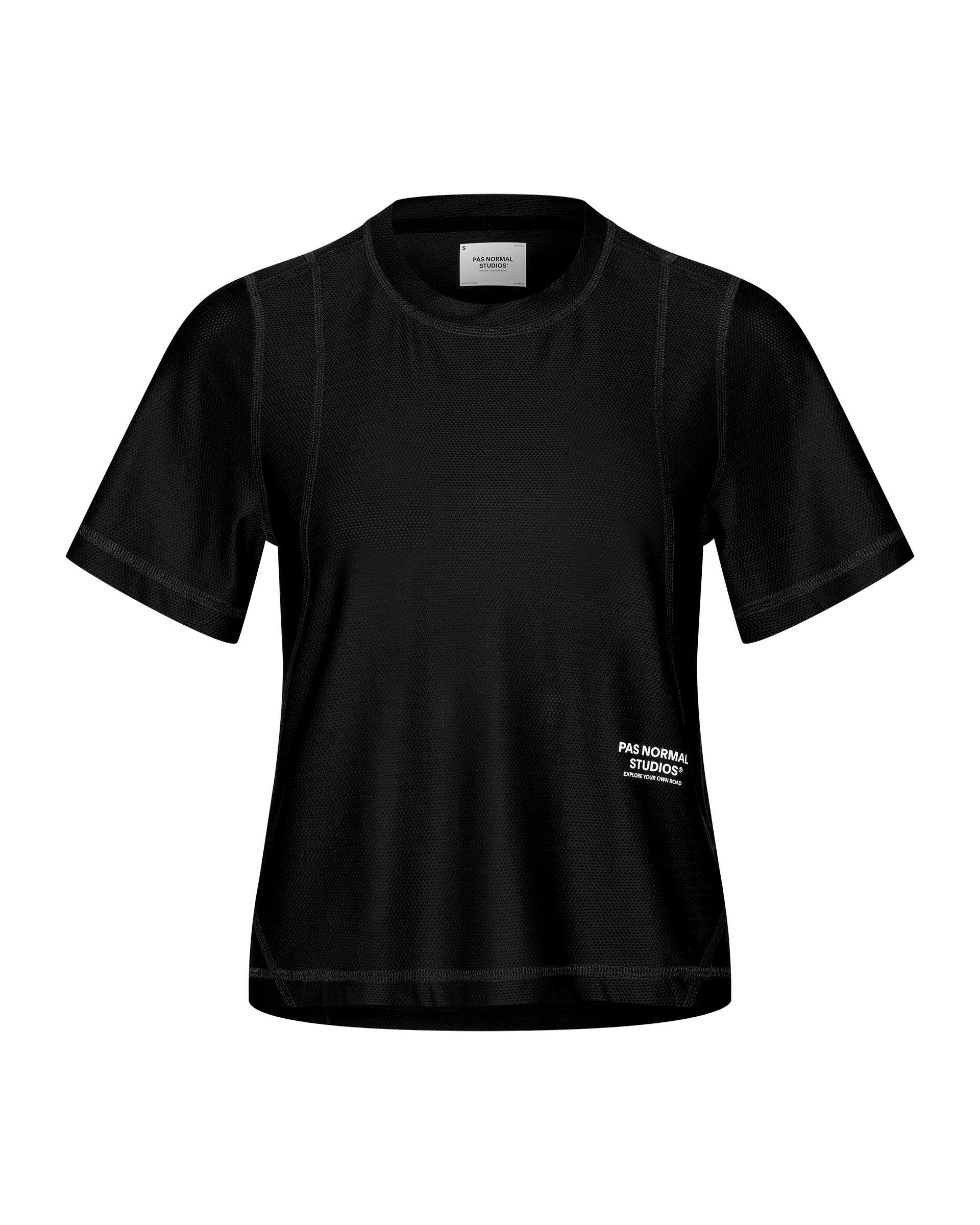 Black Balance women's T-shirt, front flat lay with mesh fabric panels and white chest logo print
