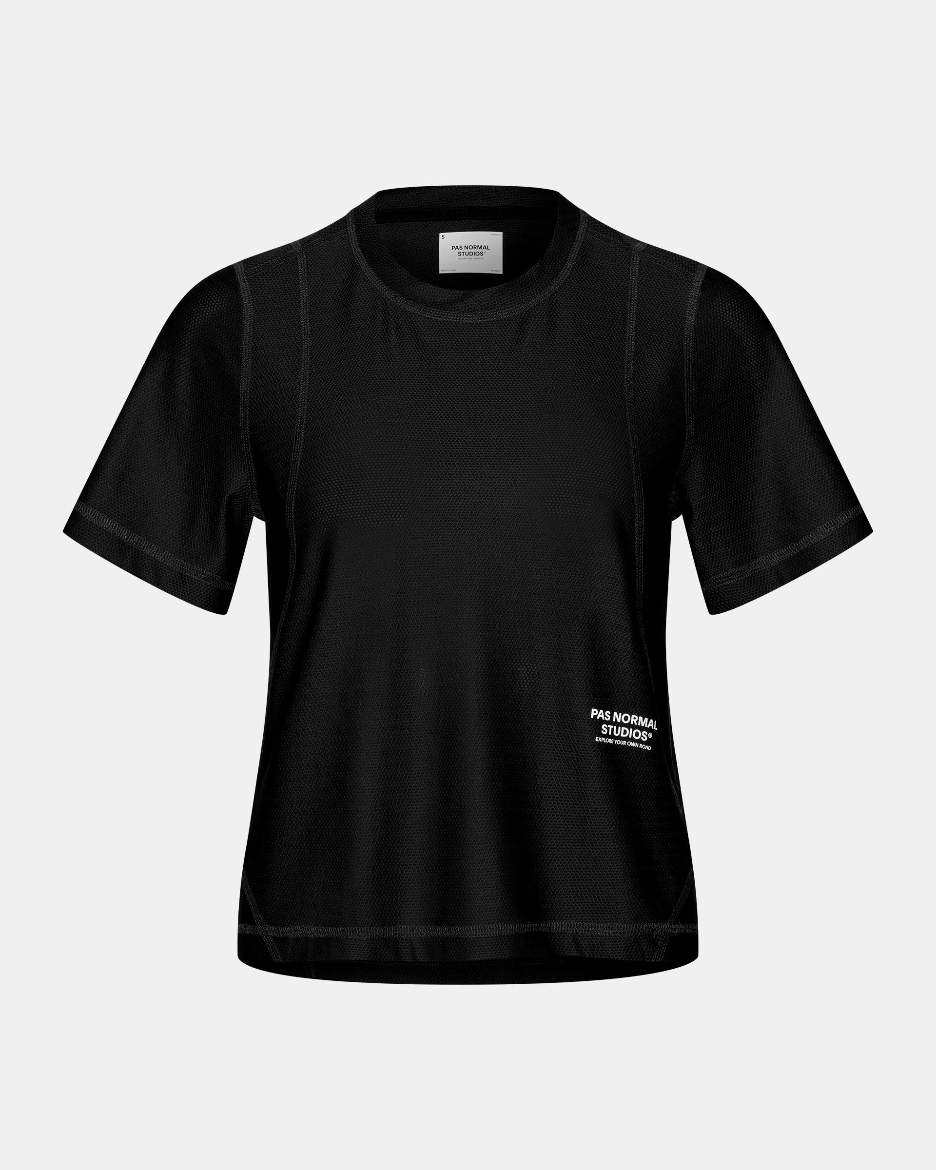Black Balance women's T-shirt, front flat lay with mesh fabric panels and white chest logo print