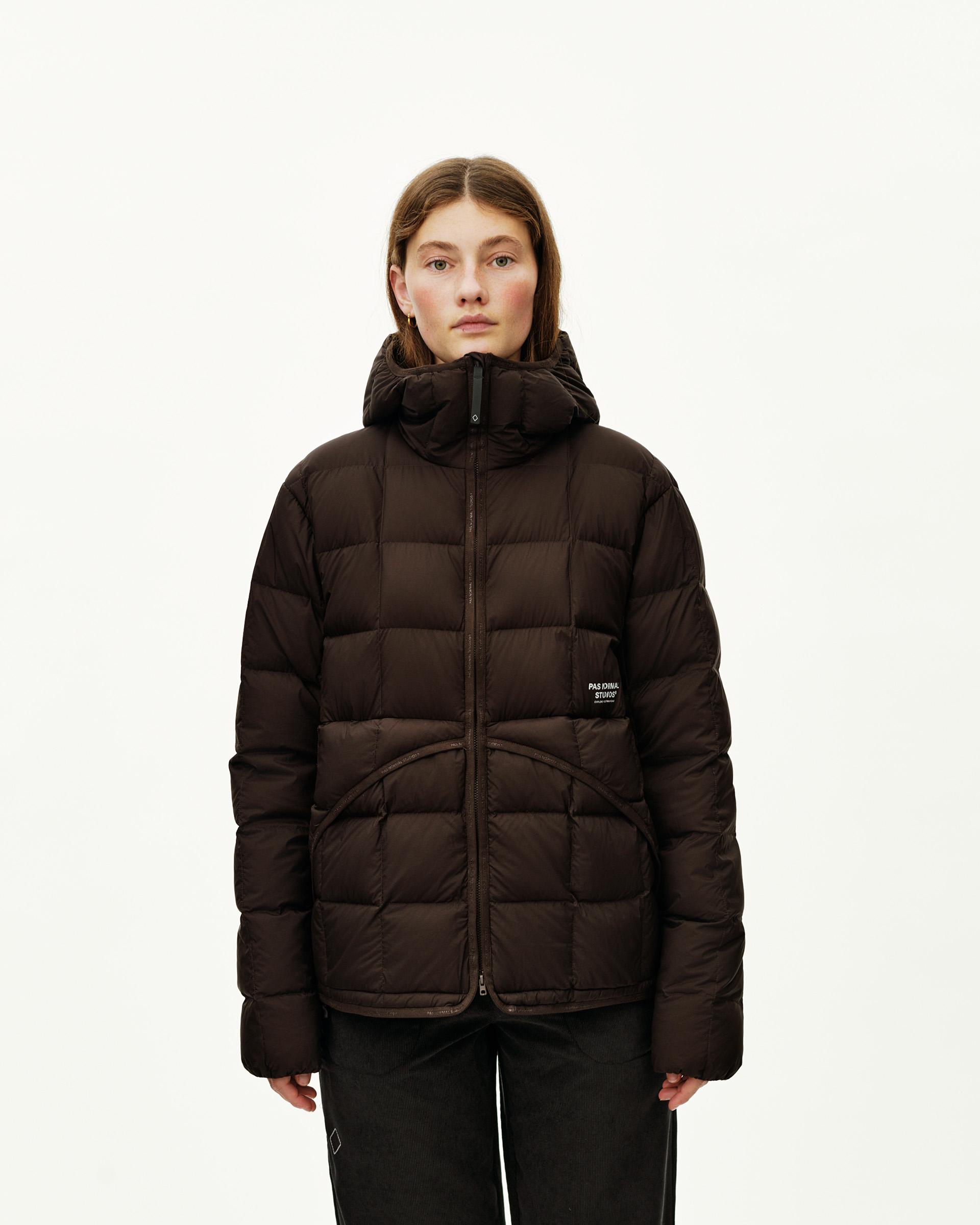 Dark Coffee brown Off-Race Down Liner jacket on model, front view with box quilting and full zip hood