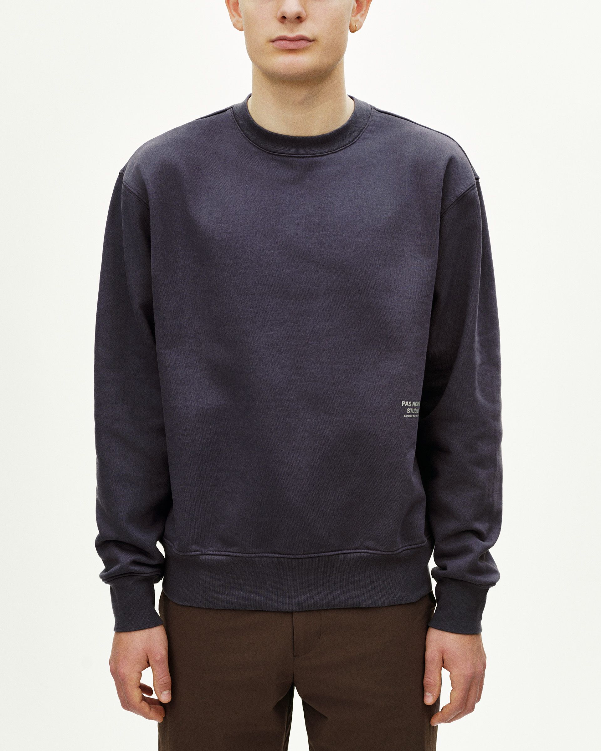 Grey Off-Race sweatshirt on model, front view with white chest logo