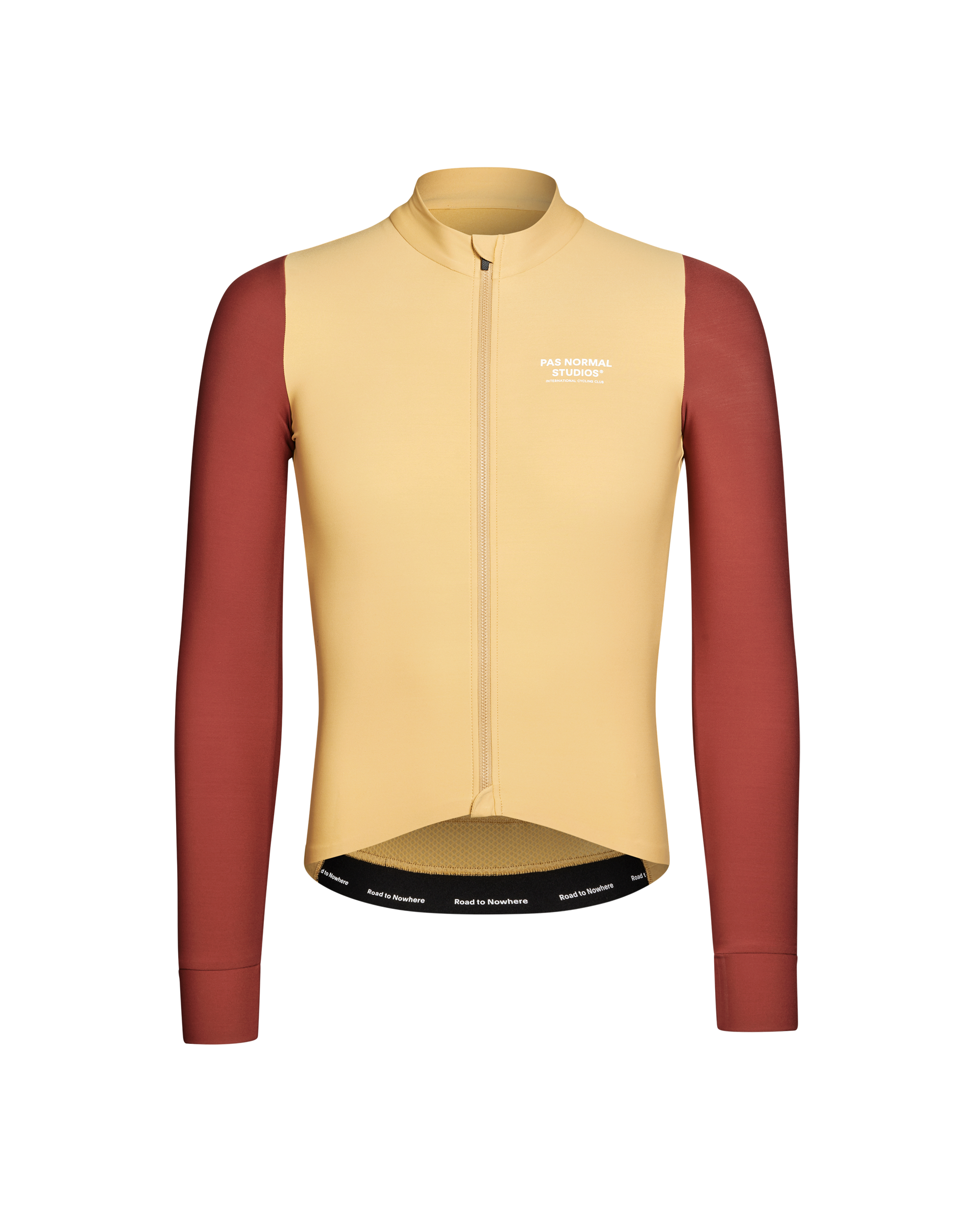 Camel Mechanism long sleeve cycling jersey front view with maroon sleeves and white chest logo