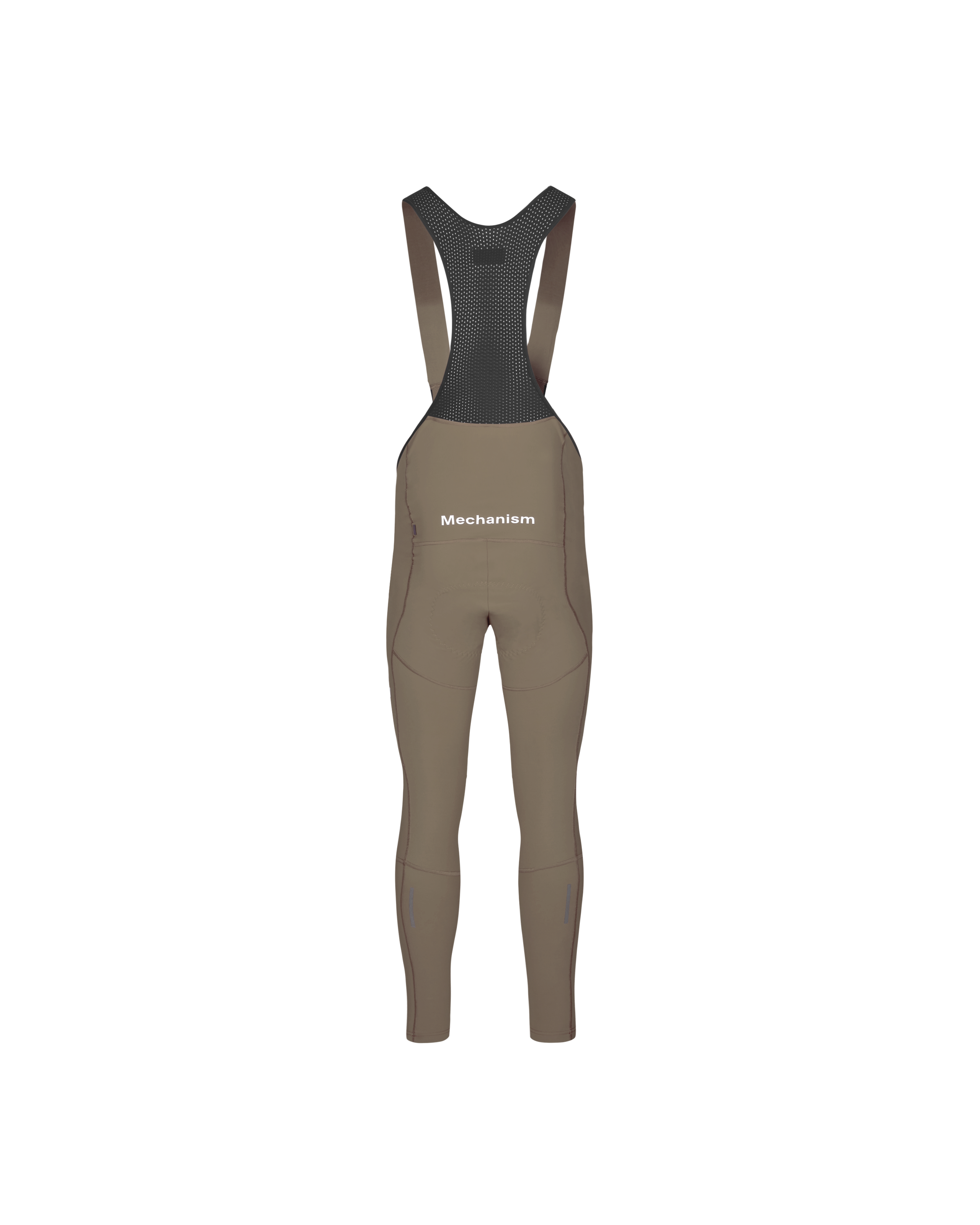 Dark Stone Mechanism Deep Winter Long cycling bibs, rear flat lay with mesh bib straps