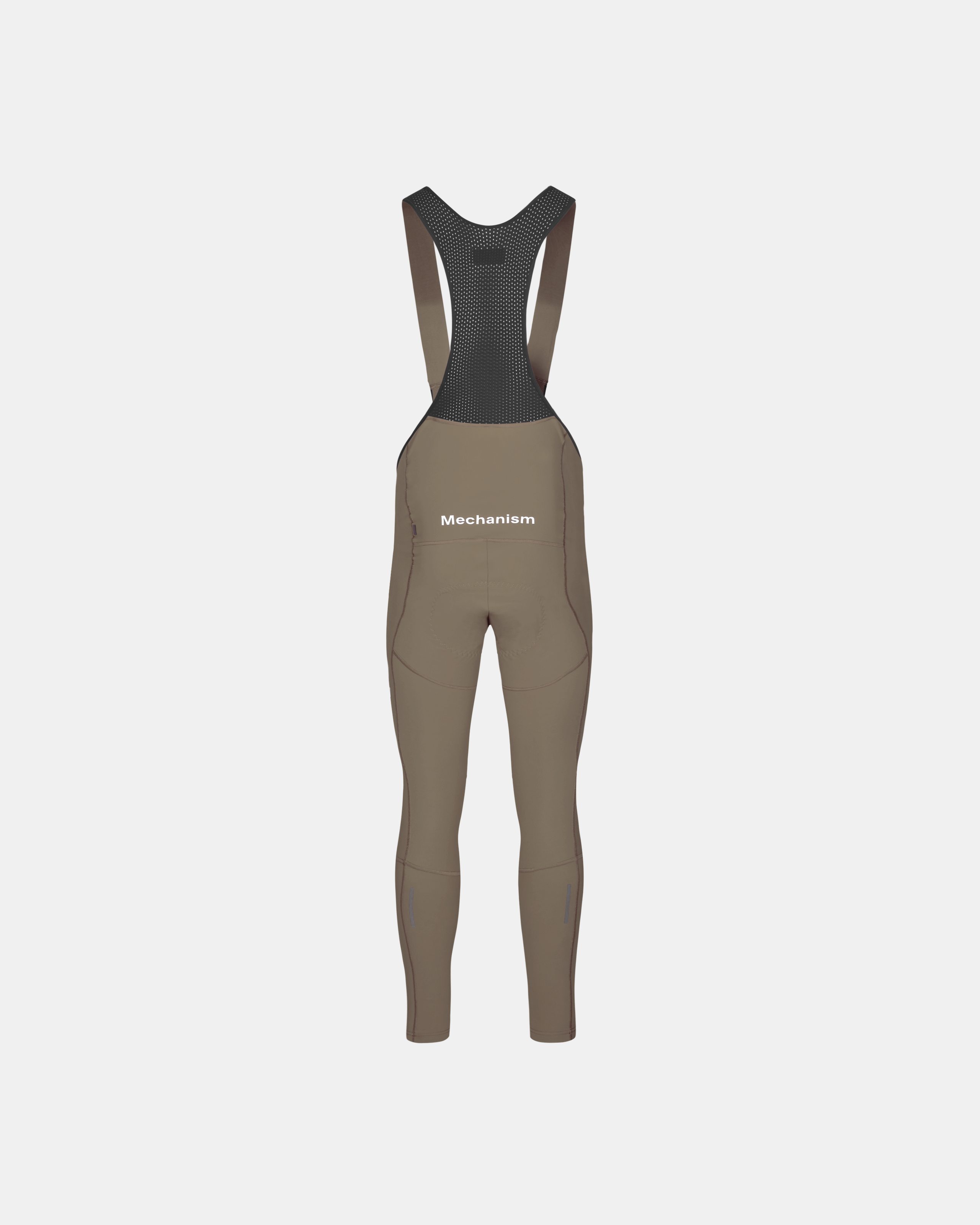 Dark Stone Mechanism Deep Winter Long cycling bibs, rear flat lay with mesh bib straps