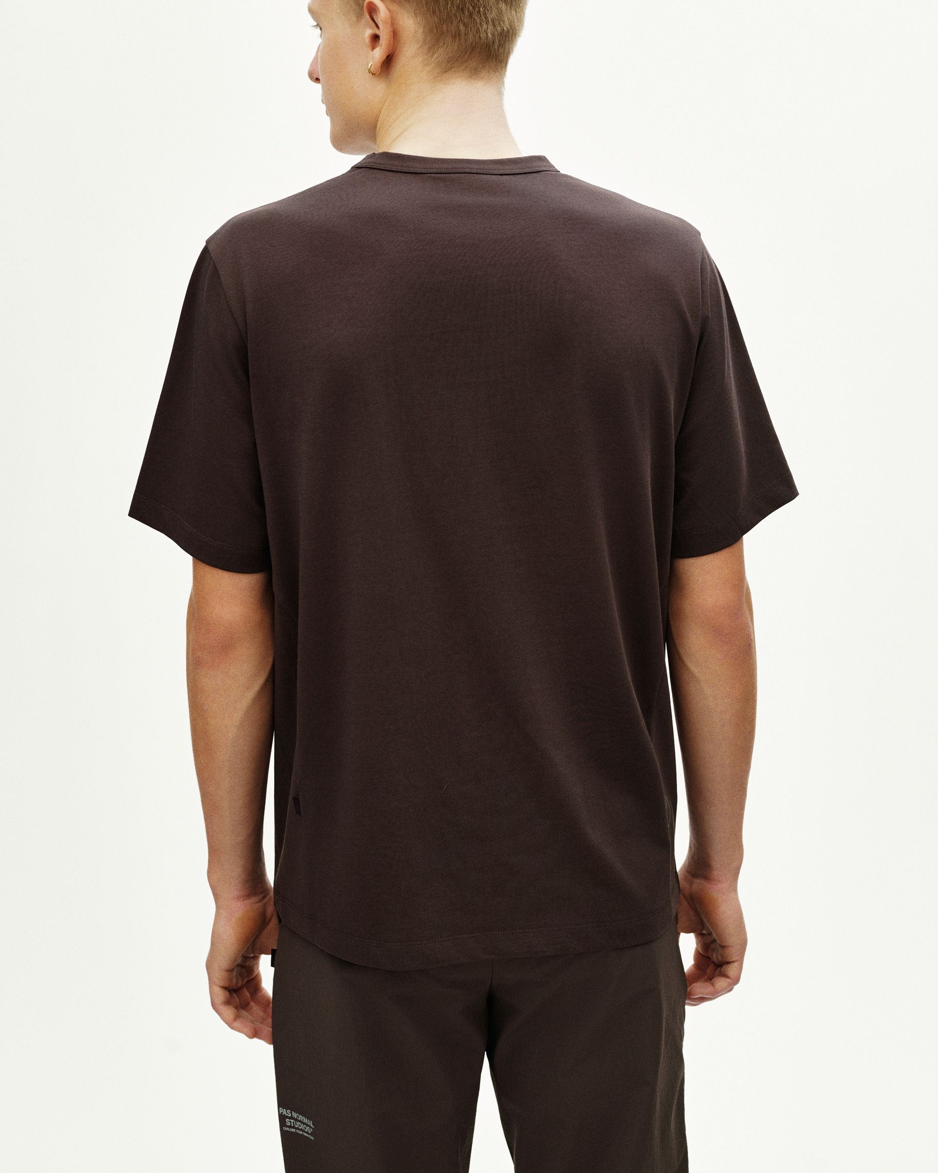 Dark Purple Off-Race Cotton Tech t-shirt, rear view on model with ribbed collar