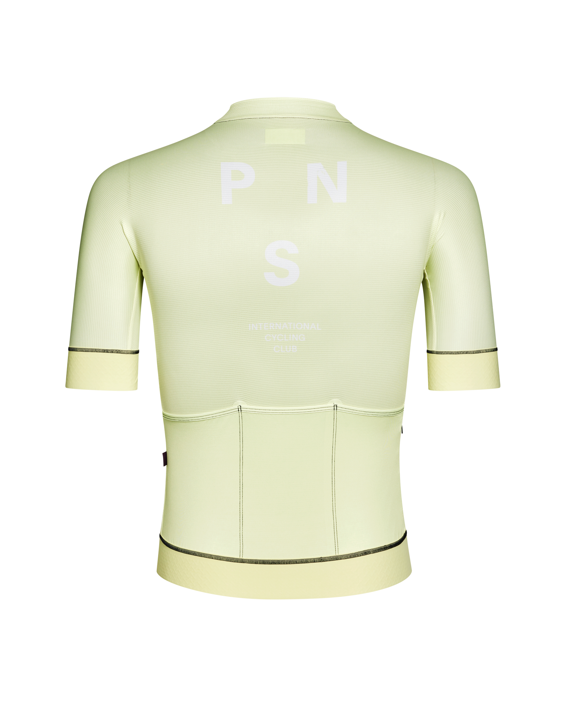 Green Mechanism cycling jersey, rear view with contrast stitching and back pockets