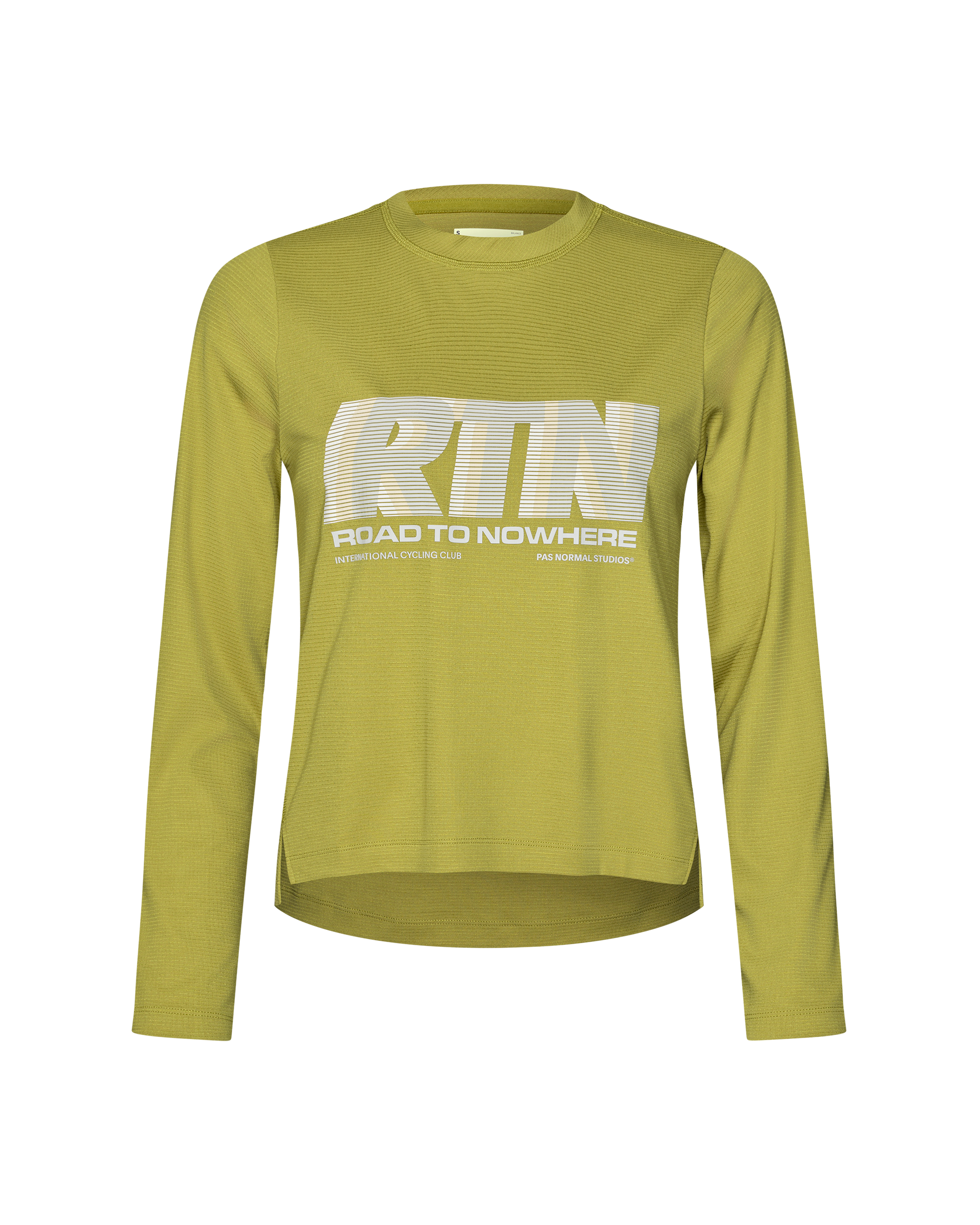 Dark Lime Balance long sleeve T-shirt, front flat lay with RTN Road to Nowhere chest graphic