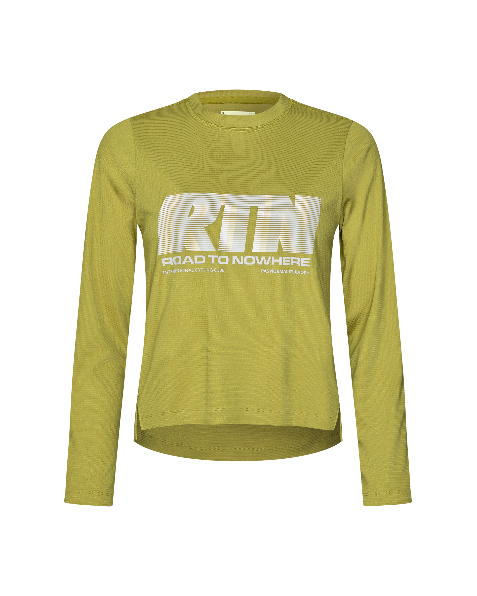 Dark Lime Balance long sleeve T-shirt, front flat lay with RTN Road to Nowhere chest graphic