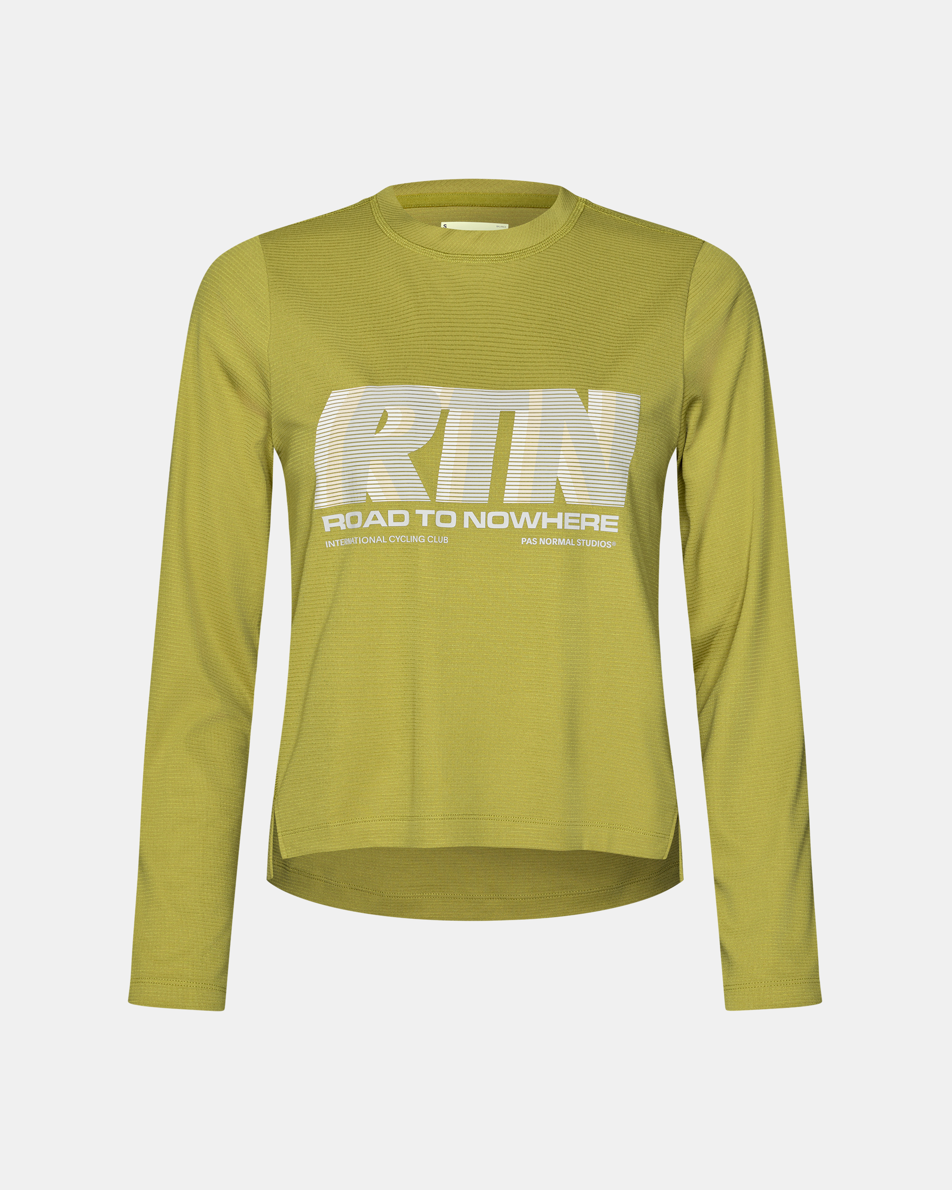 Dark Lime Balance long sleeve T-shirt, front flat lay with RTN Road to Nowhere chest graphic
