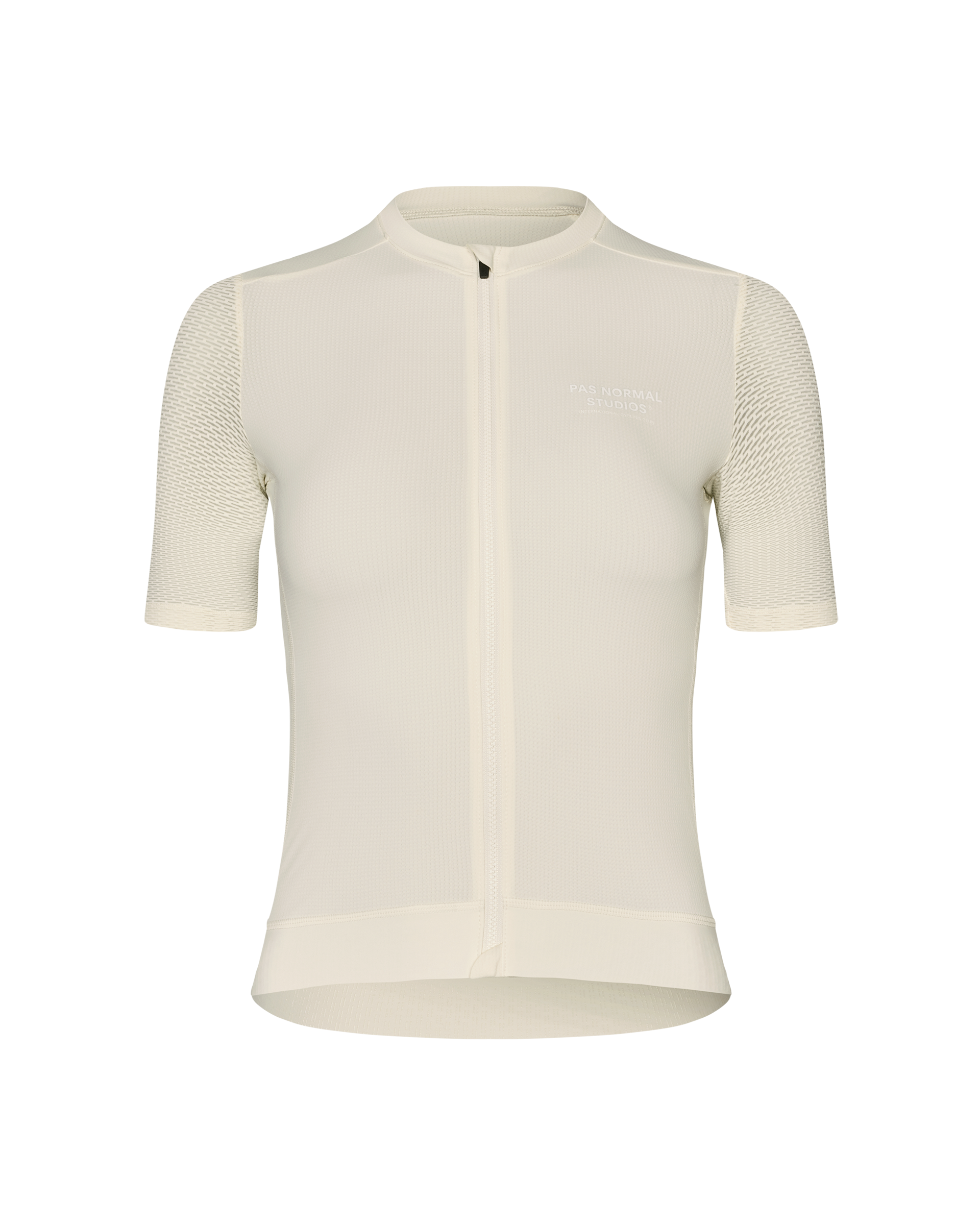 Off White Essential Light cycling jersey, front flat lay with mesh sleeves