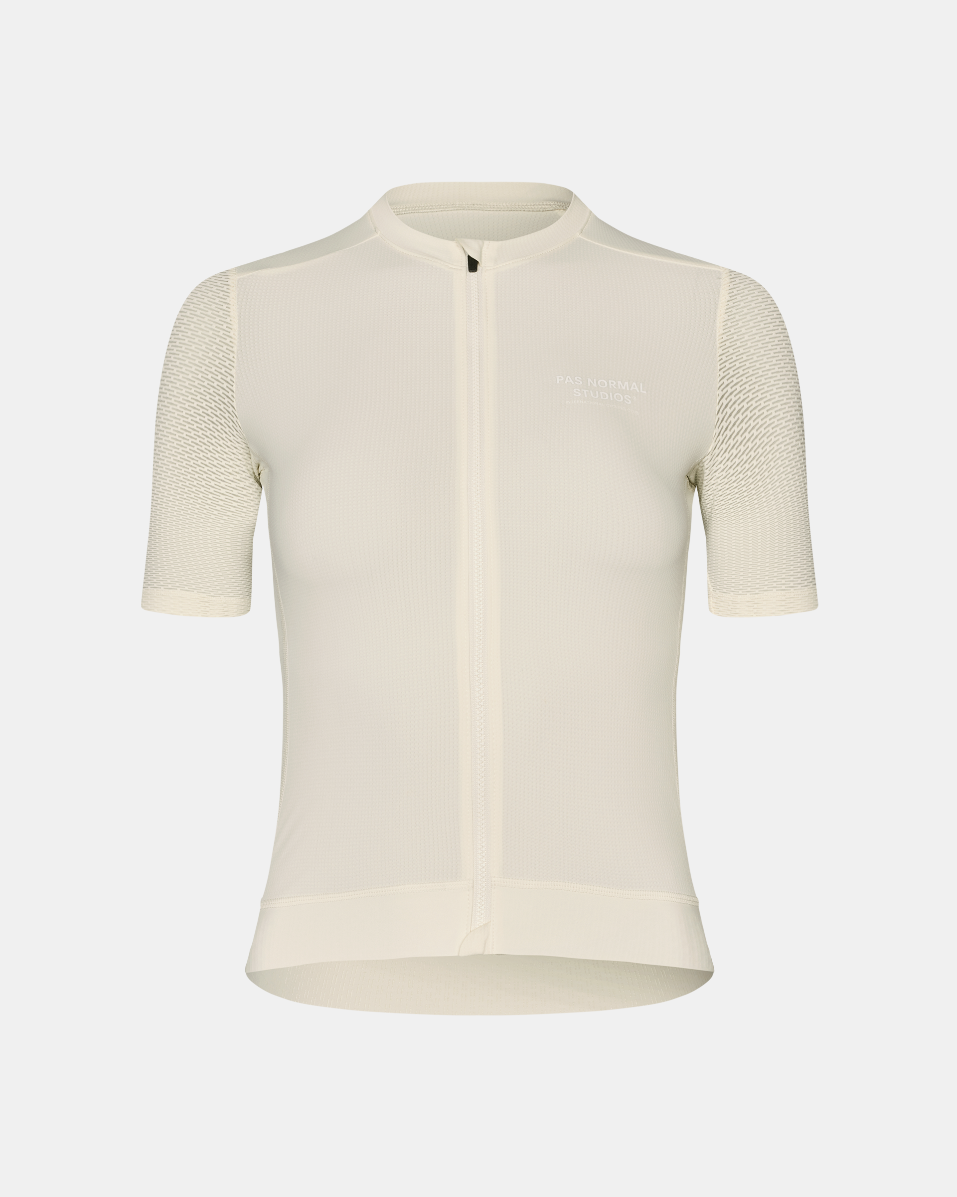 Off White Essential Light cycling jersey, front flat lay with mesh sleeves