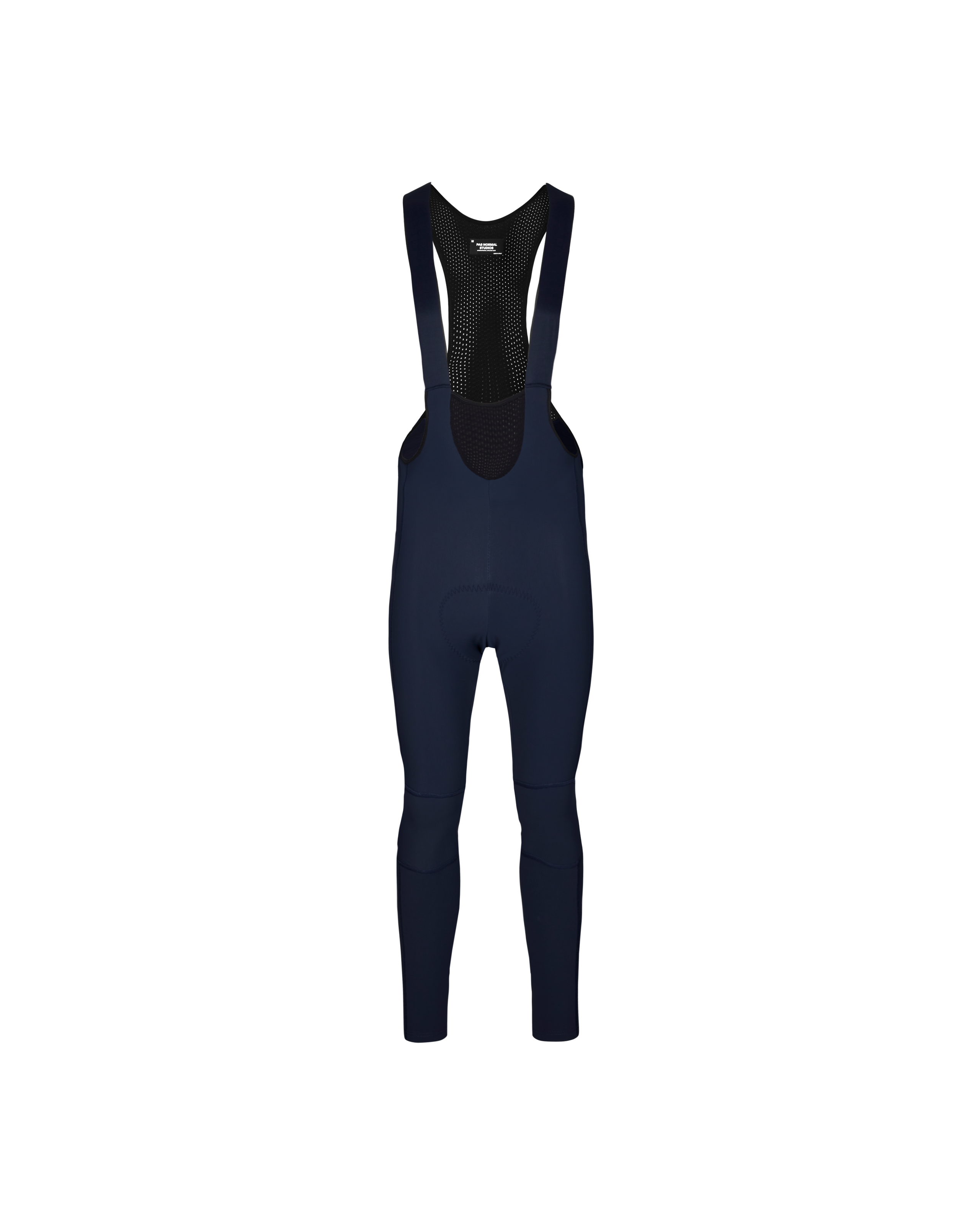 Navy Mechanism Deep Winter Long cycling bibs, front flat lay with mesh bib straps