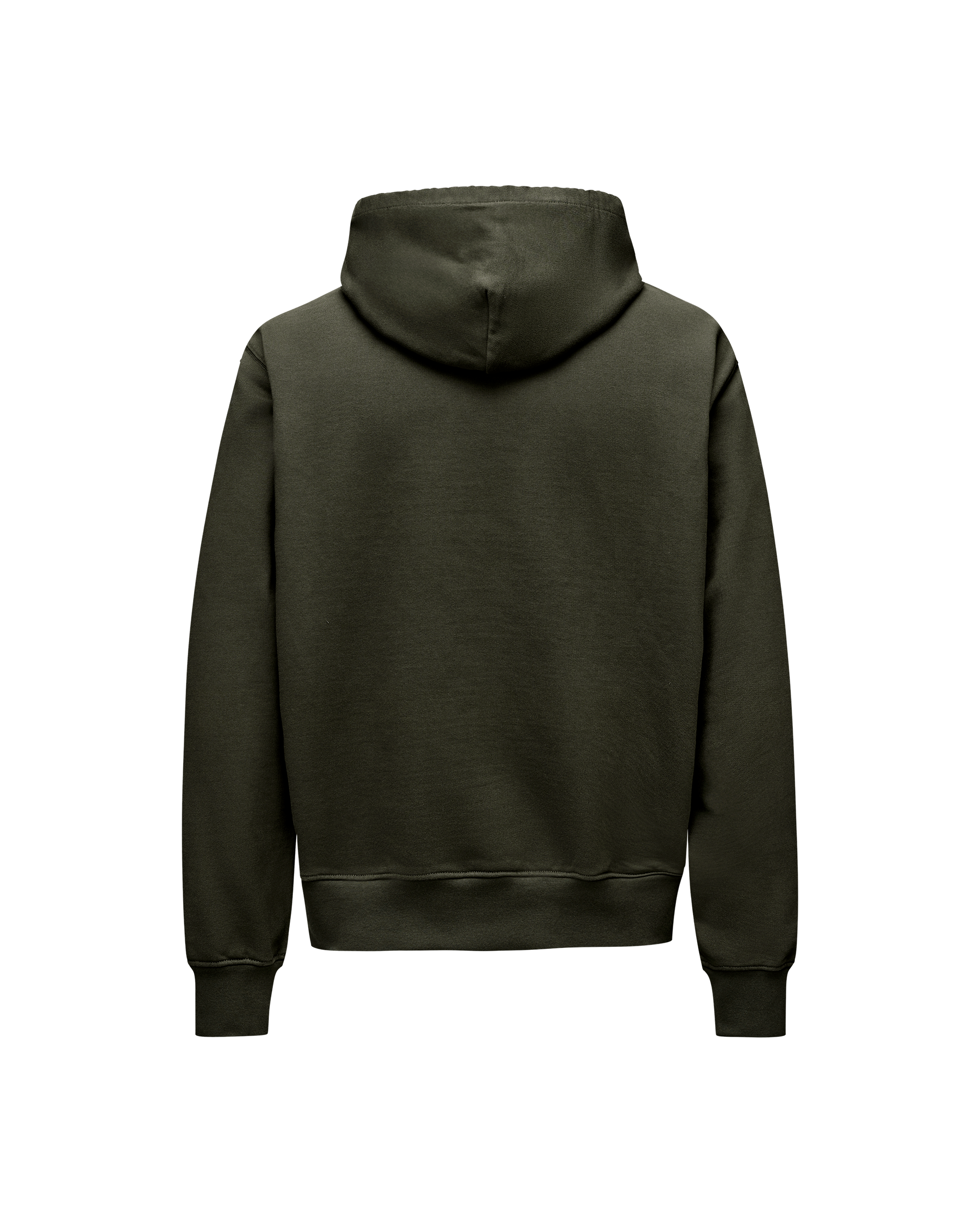 Dark Olive Off-Race hoodie, rear flat lay with ribbed cuffs and hem