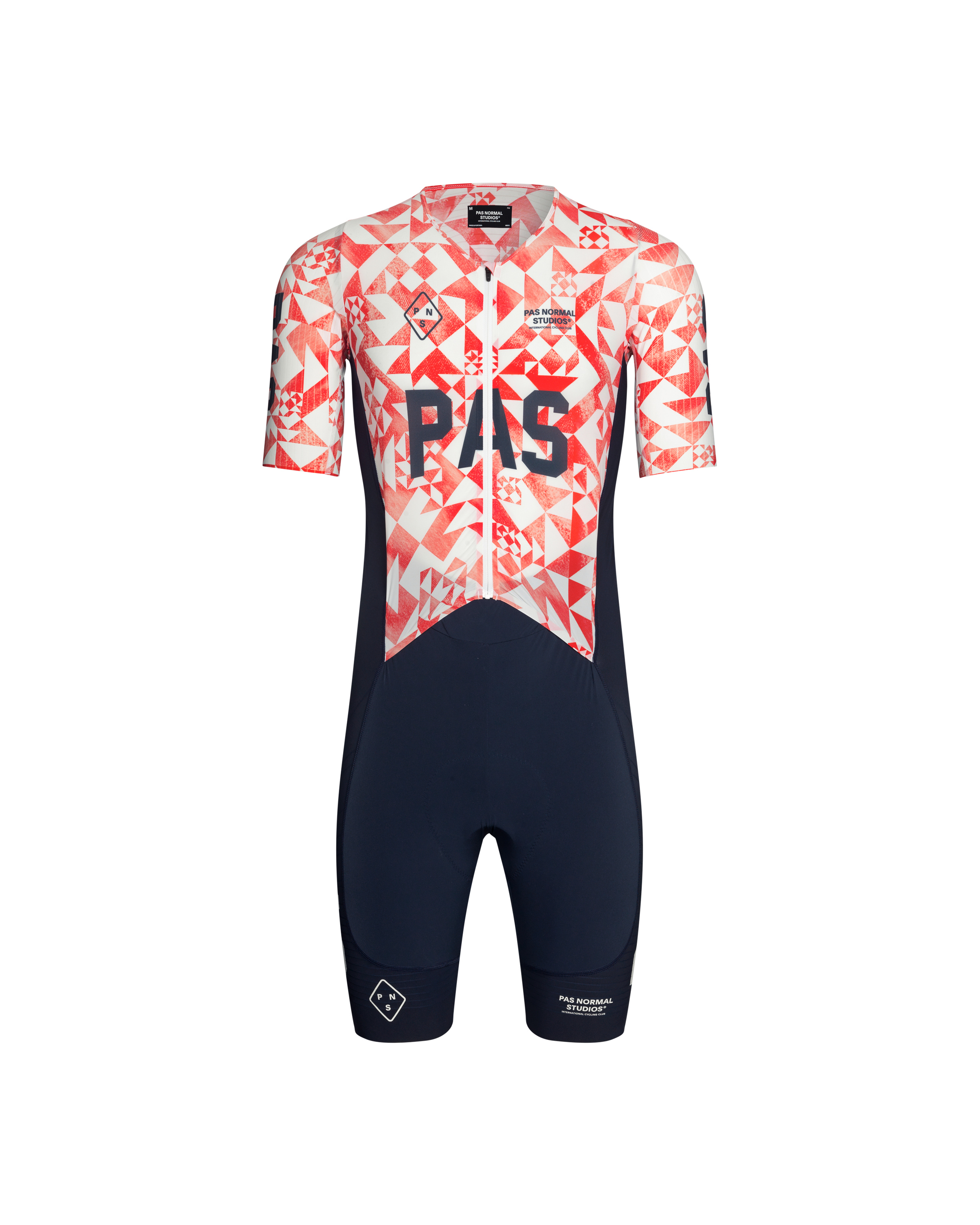 Red PAS Mechanism Pro Speedsuit, front view with geometric origami print and navy shorts