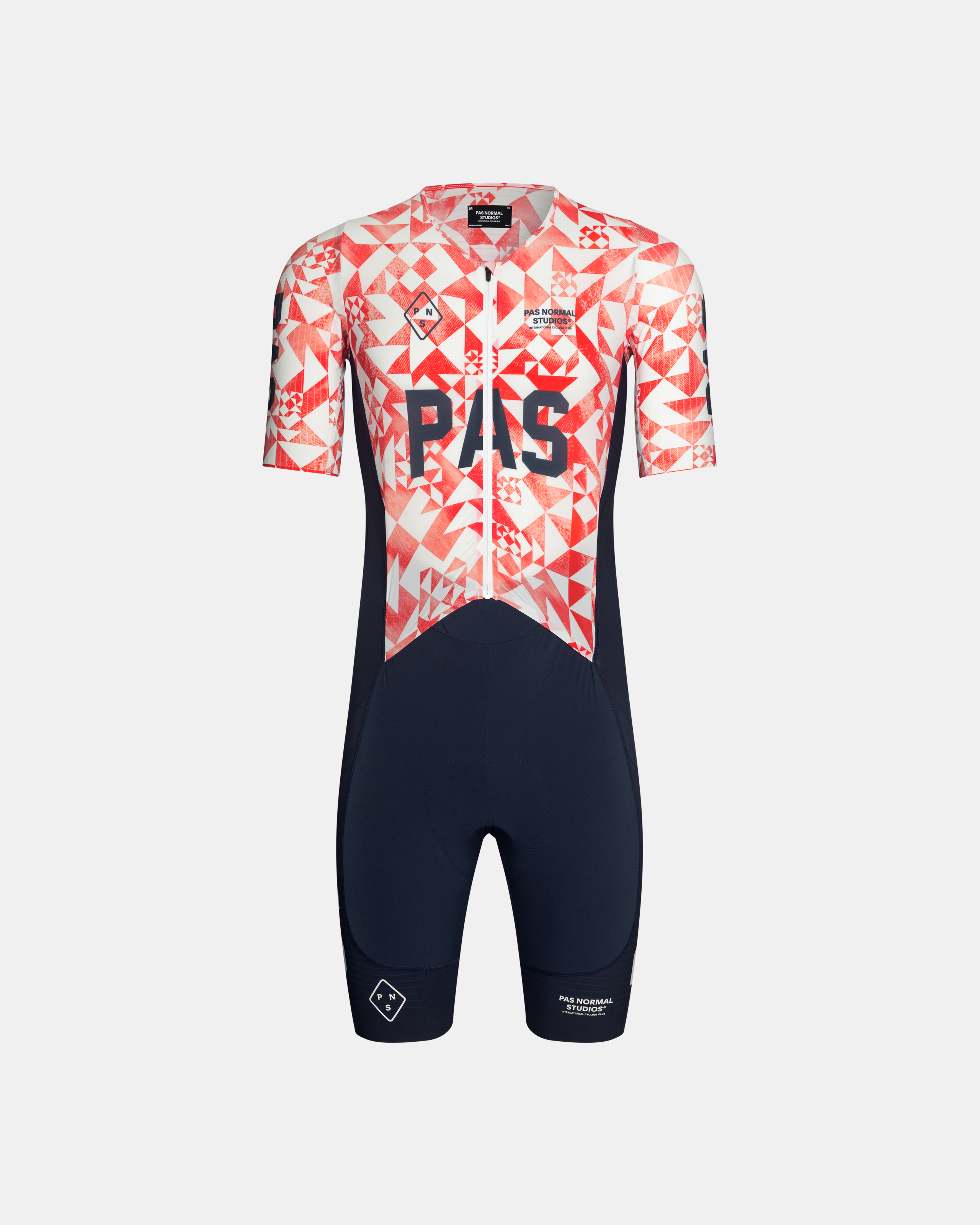 Red PAS Mechanism Pro Speedsuit, front view with geometric origami print and navy shorts
