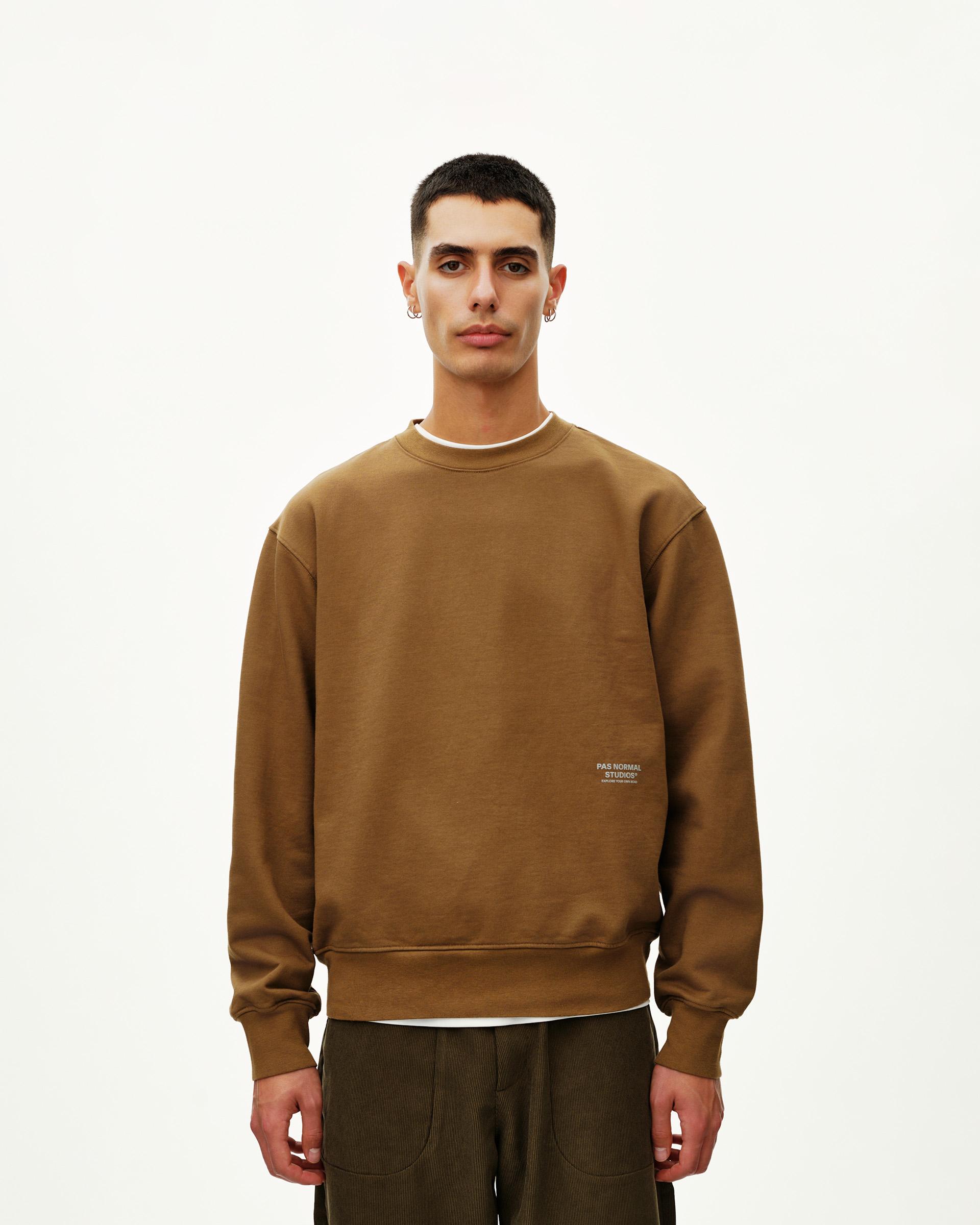 Wood brown Off-Race sweatshirt on model, front view with small chest logo print