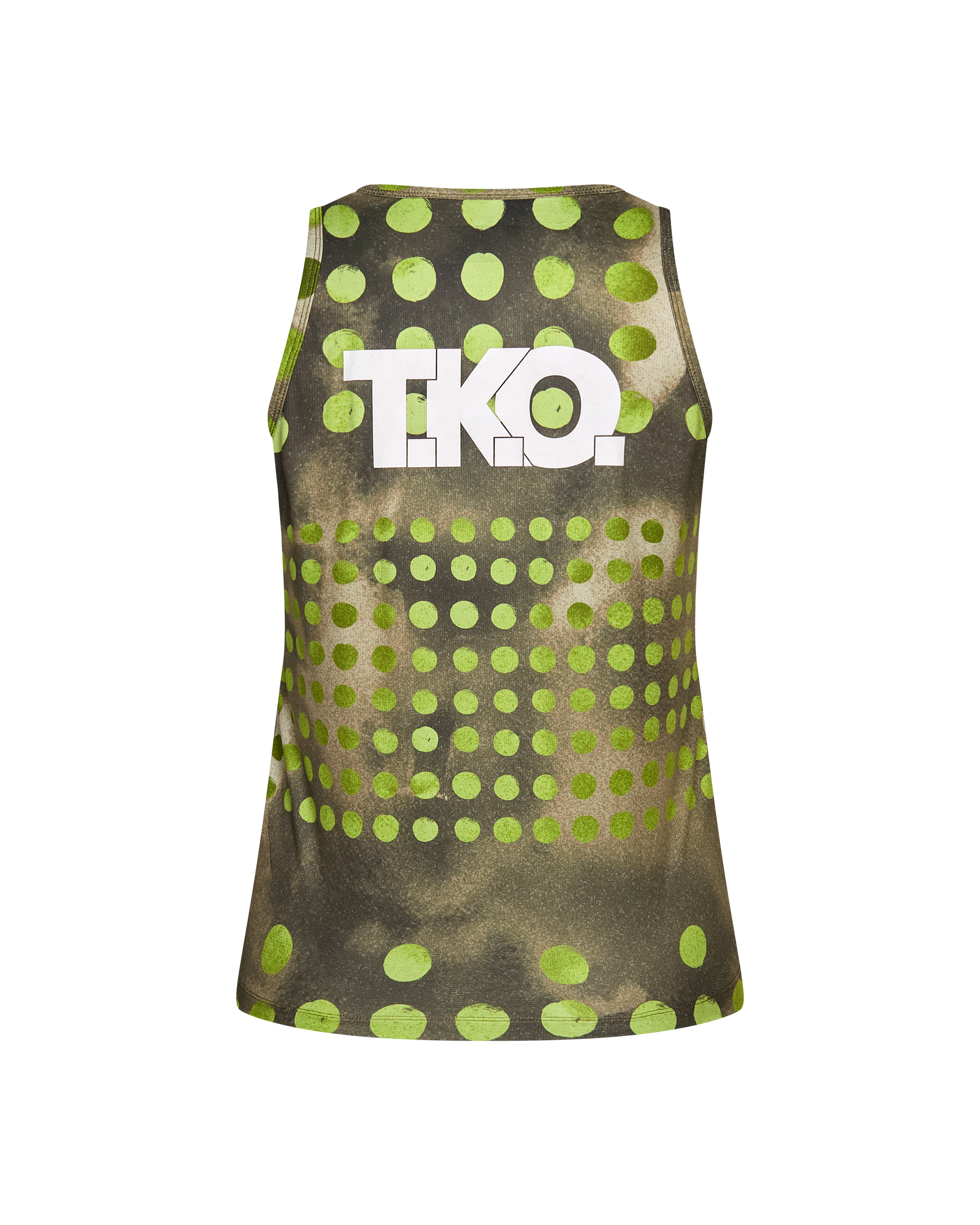 Green T.K.O. Balance singlet, rear flat lay with white logo and geometric dot pattern