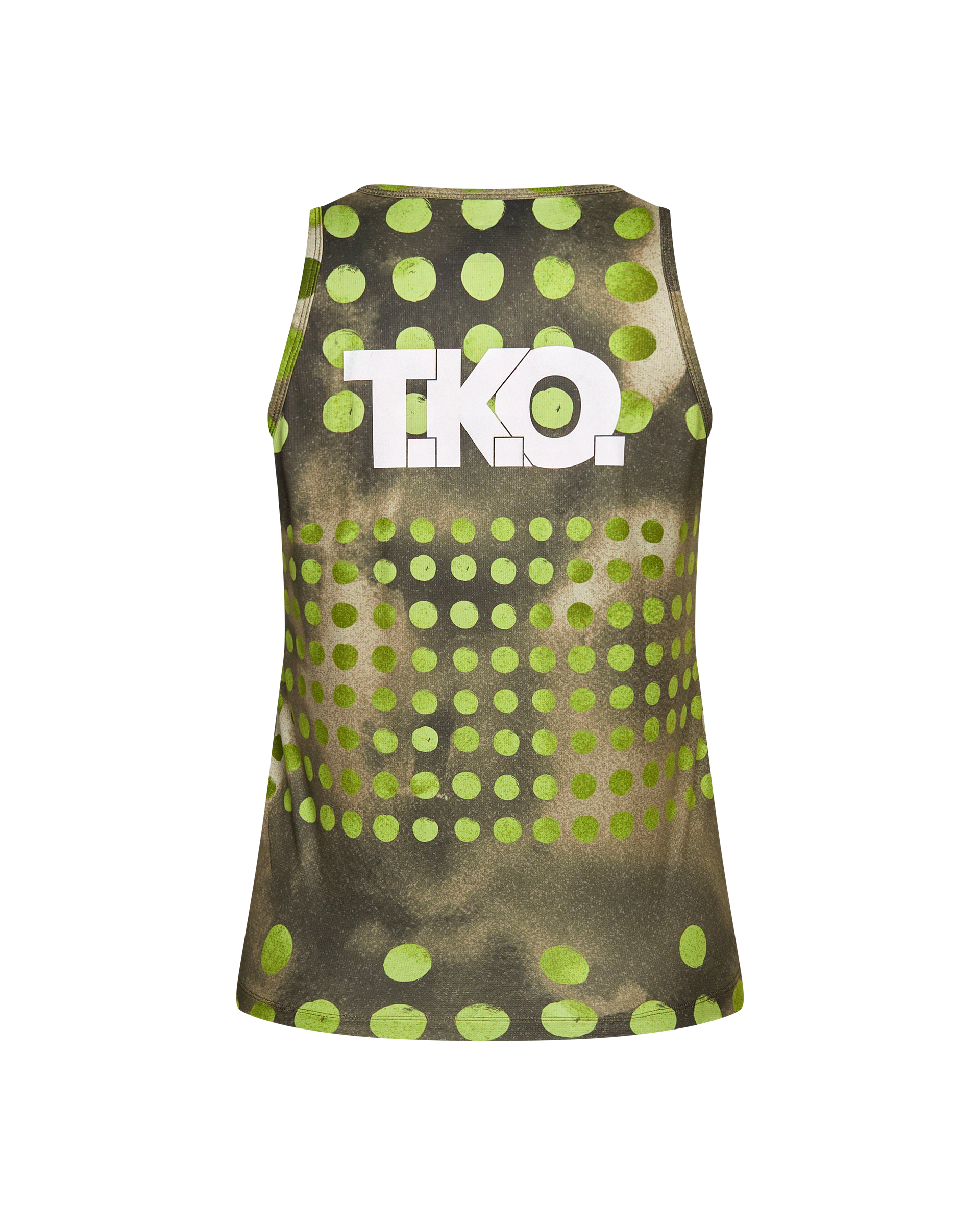 Green T.K.O. Balance singlet, rear flat lay with white logo and geometric dot pattern