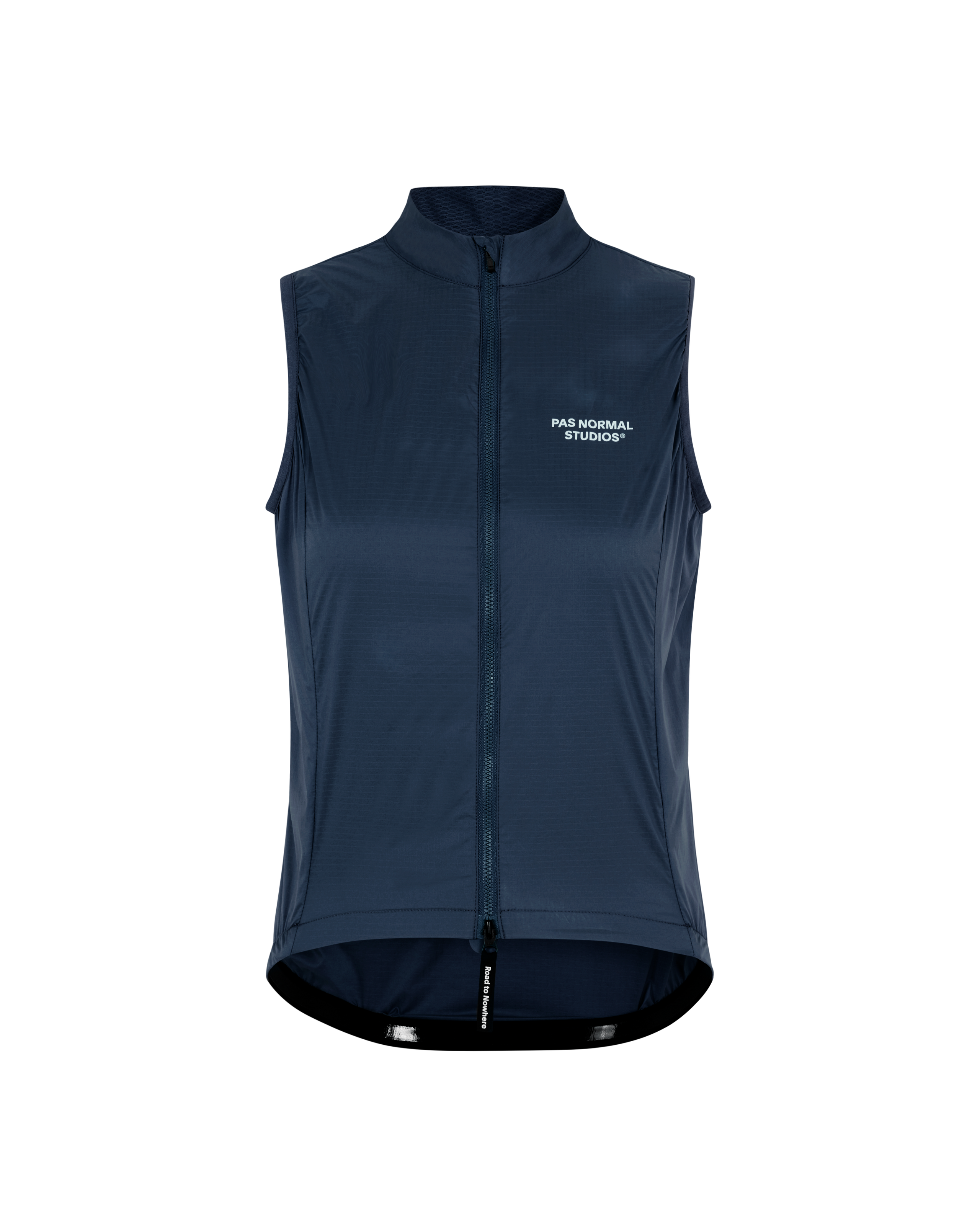 Navy Essential Insulated cycling gilet, front view with full zip and white chest logo