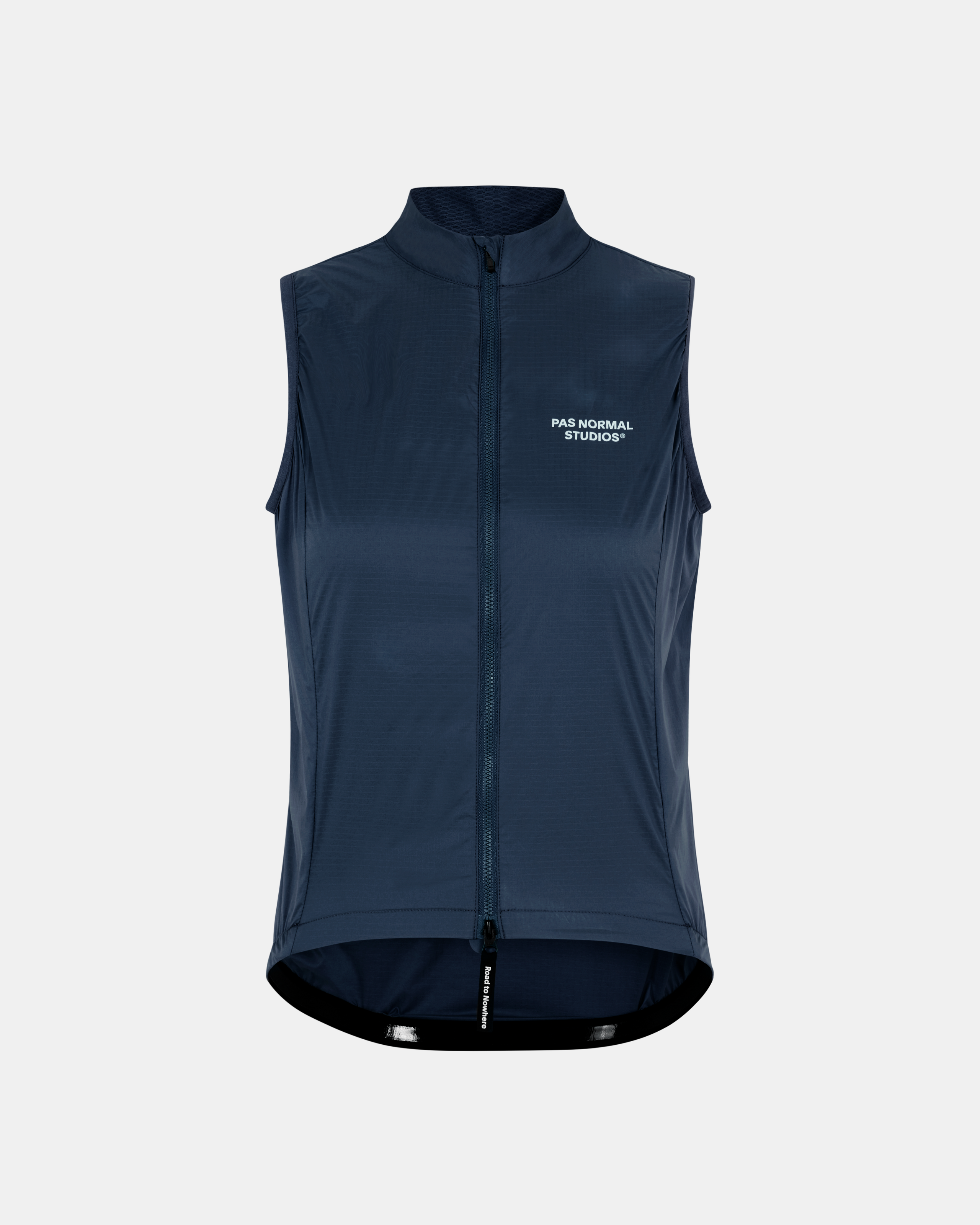 Navy Essential Insulated cycling gilet, front view with full zip and white chest logo