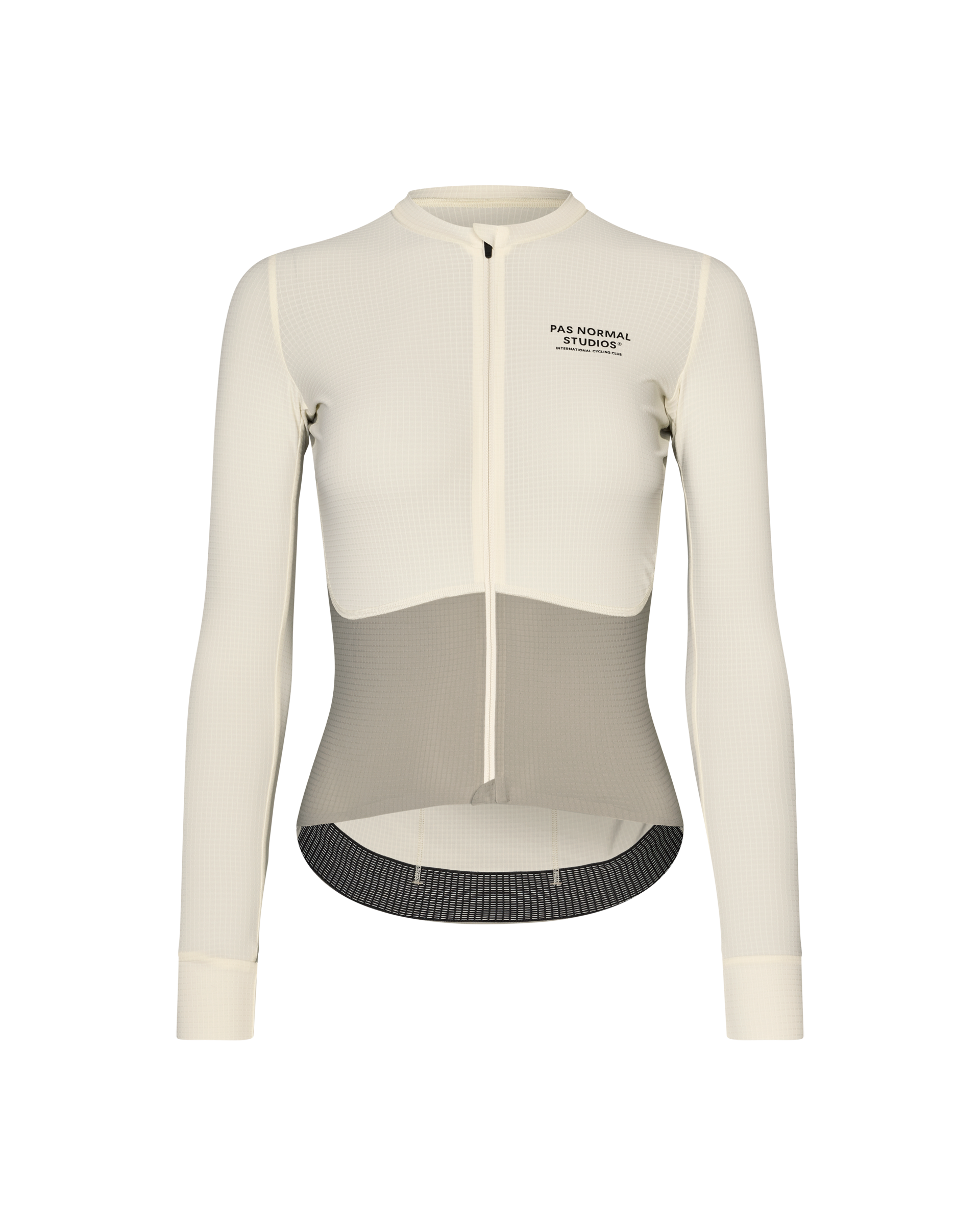 Off White Mechanism Pro long sleeve cycling jersey, front view with contrast mesh panel and black gripper hem