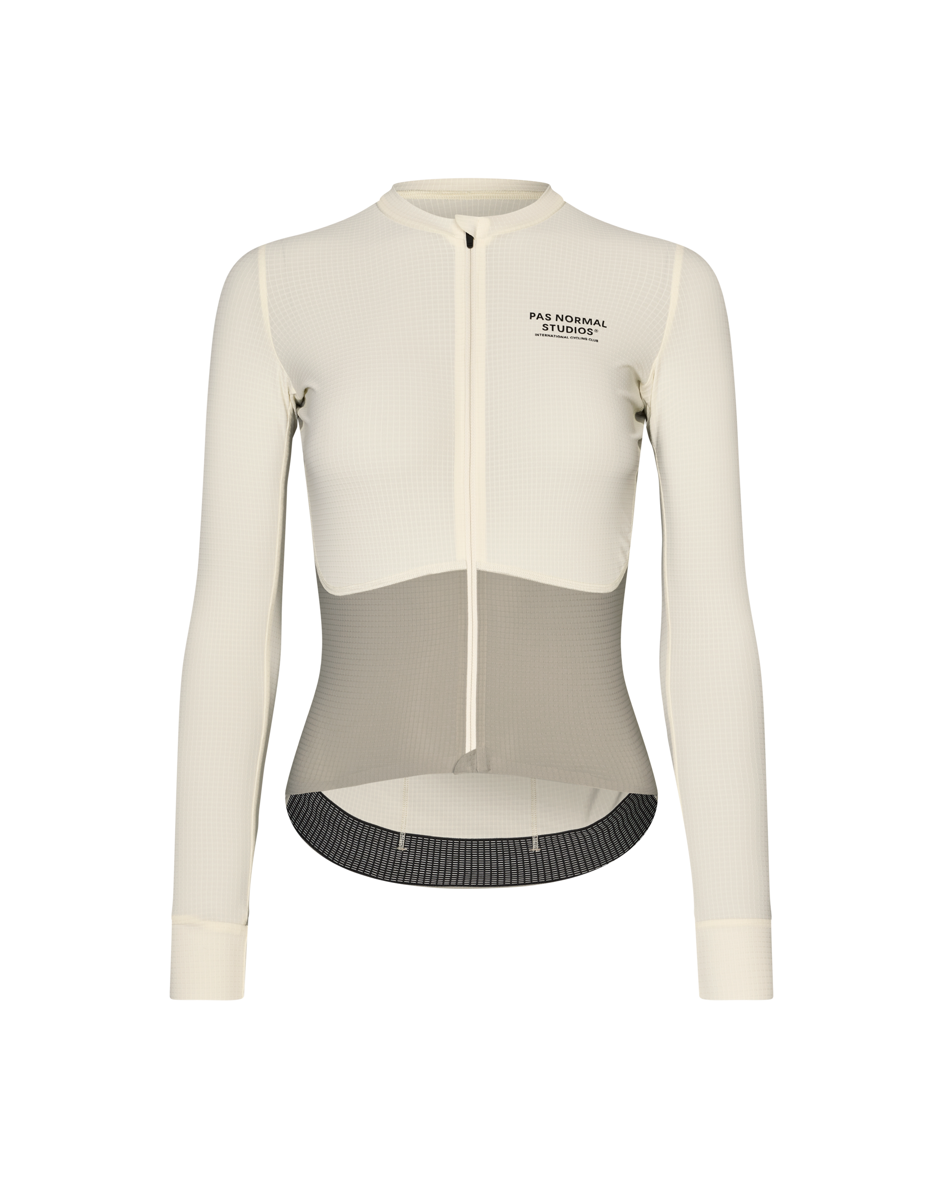 Off White Mechanism Pro long sleeve cycling jersey, front view with contrast mesh panel and black gripper hem