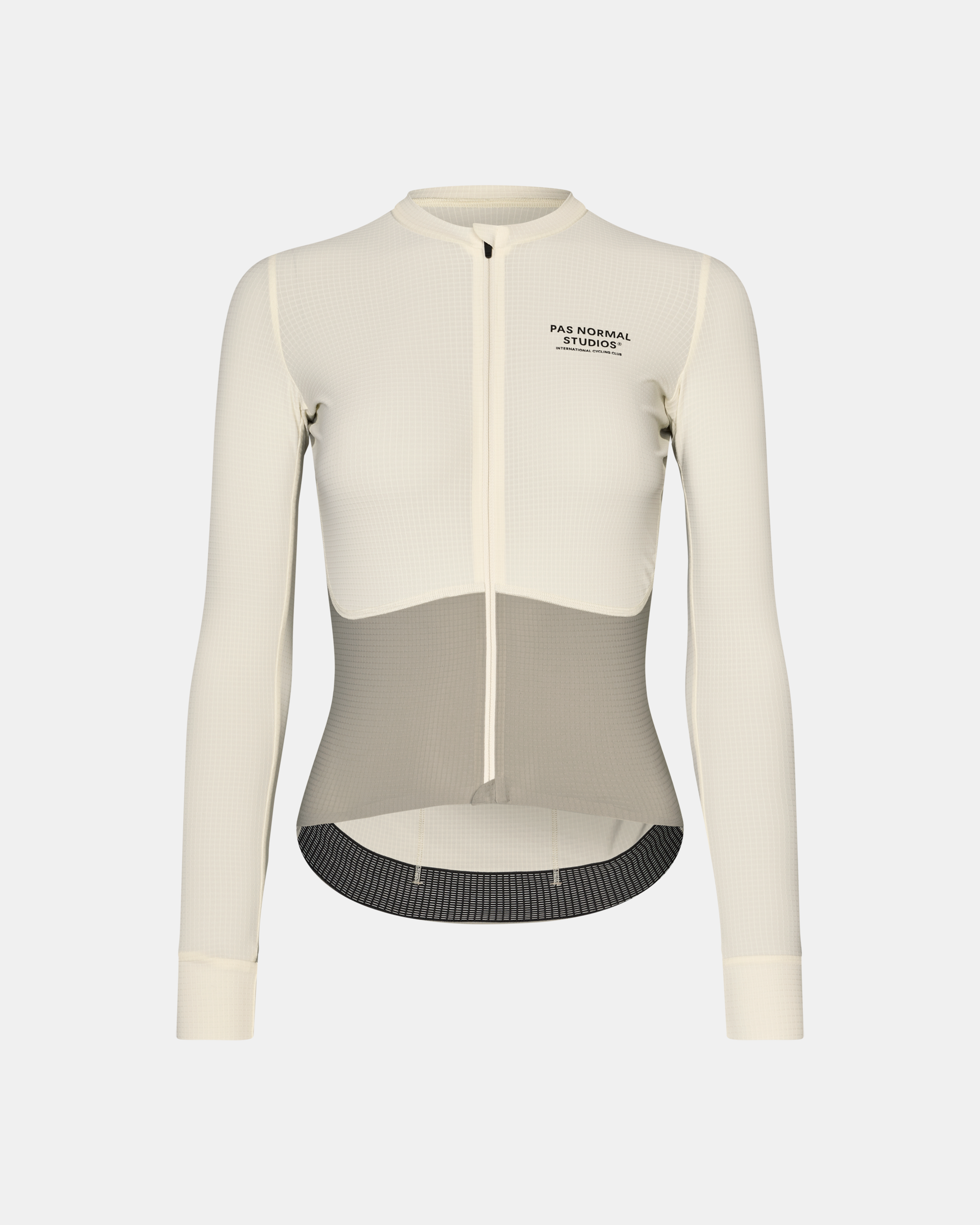 Off White Mechanism Pro long sleeve cycling jersey, front view with contrast mesh panel and black gripper hem