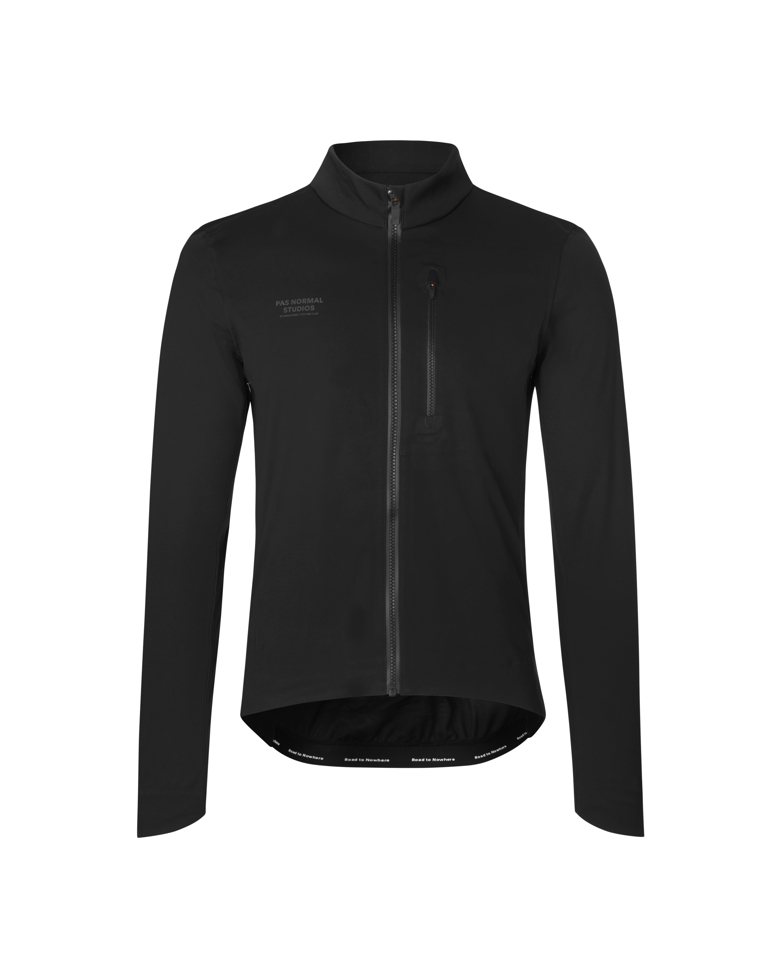 Black Essential Thermal cycling jacket, front flat lay with full zip and chest zip pocket