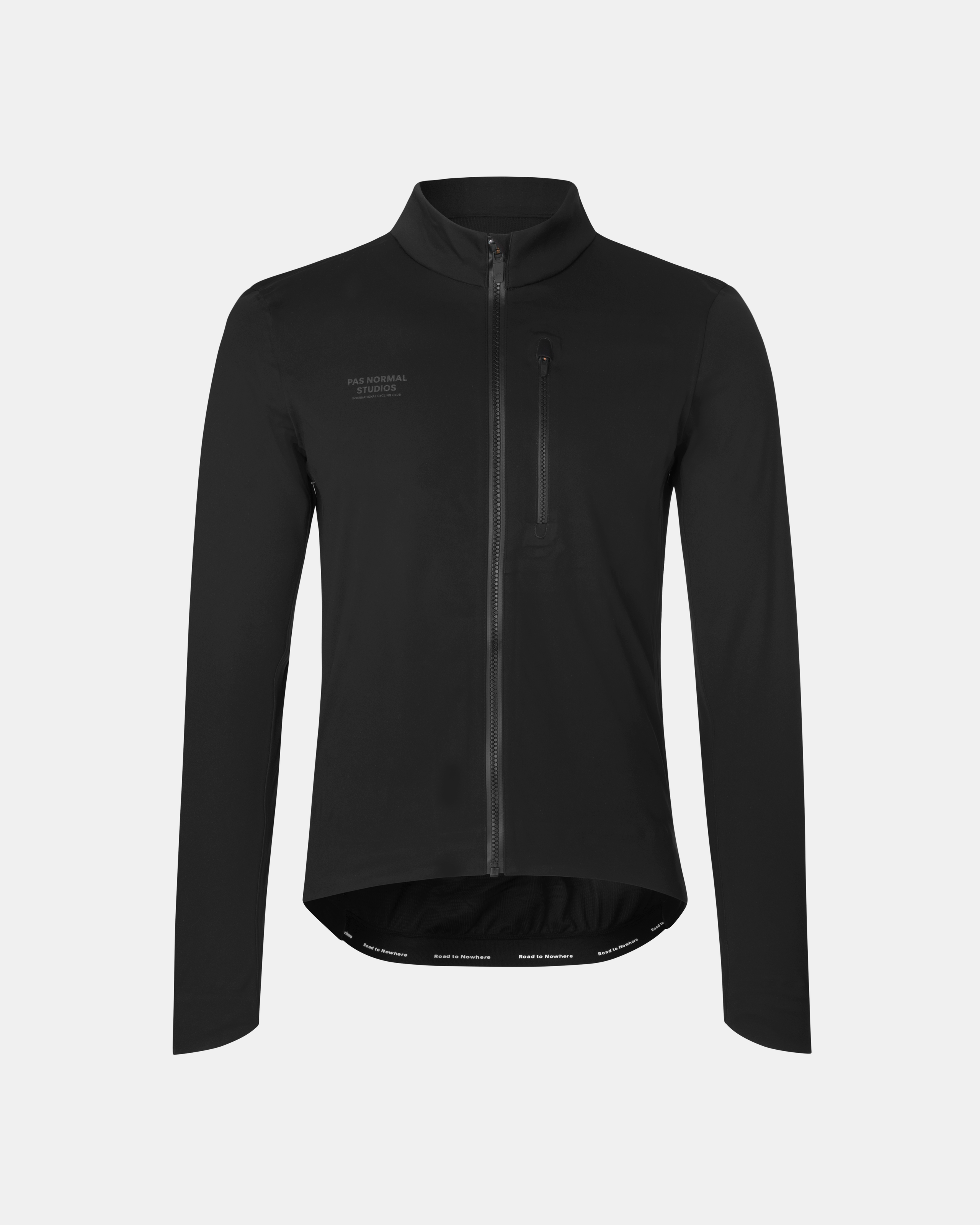 Black Essential Thermal cycling jacket, front flat lay with full zip and chest zip pocket