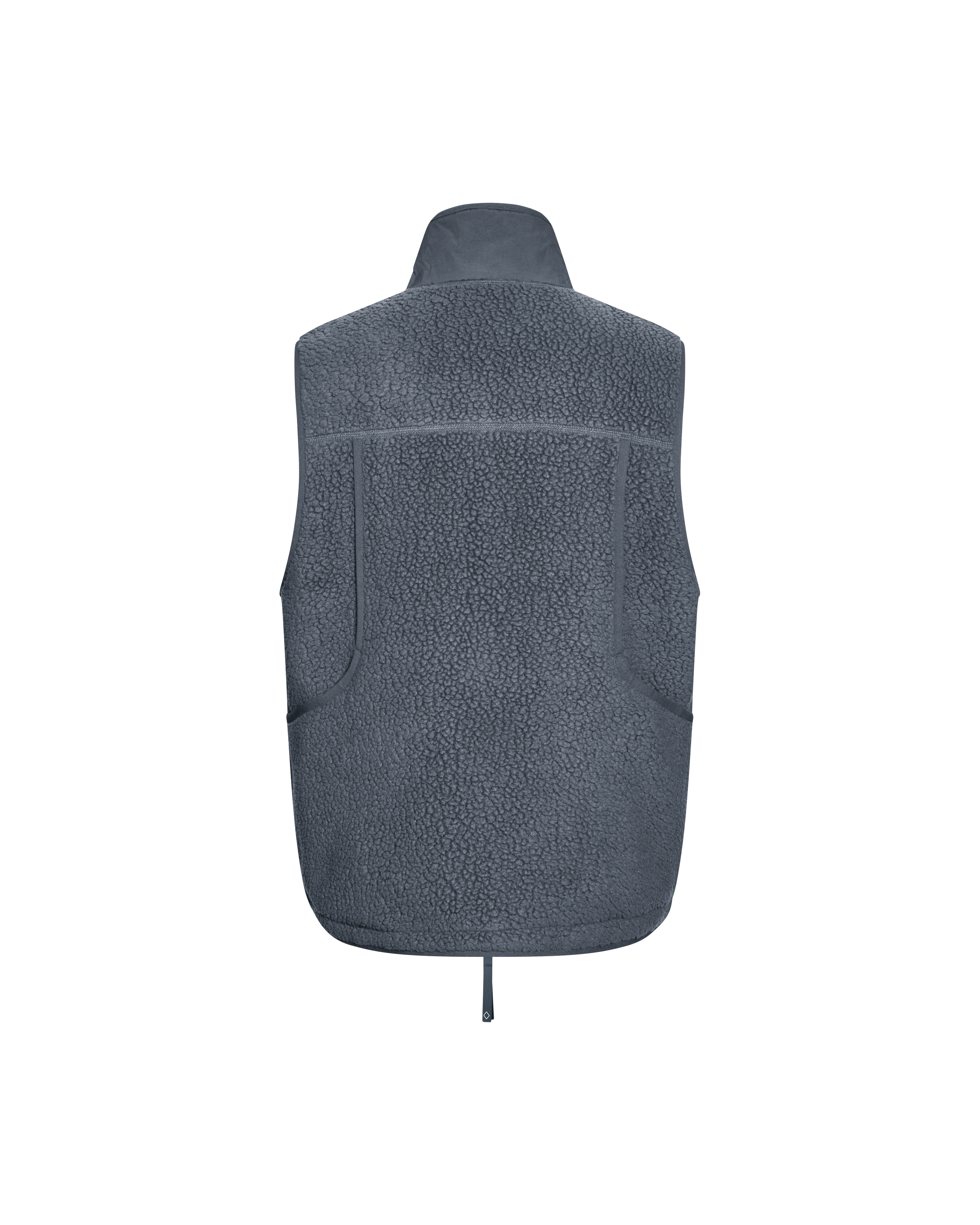 Grey Off-Race Pile Fleece vest, rear view with fleece texture and back pocket