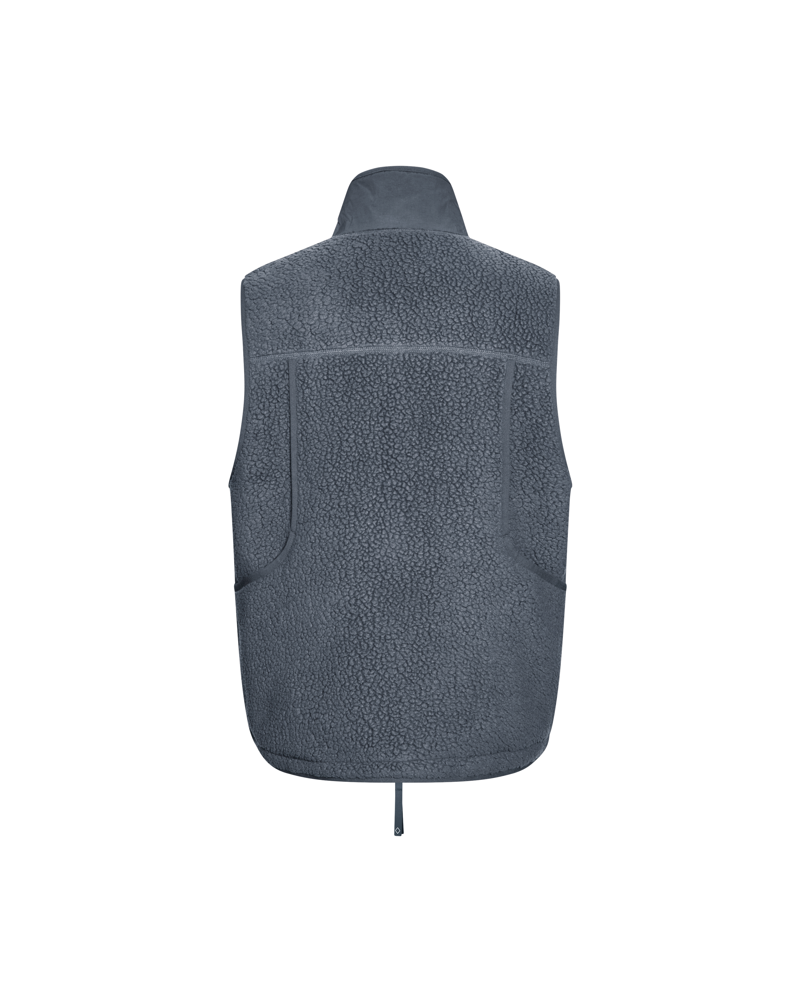 Grey Off-Race Pile Fleece vest, rear view with fleece texture and back pocket