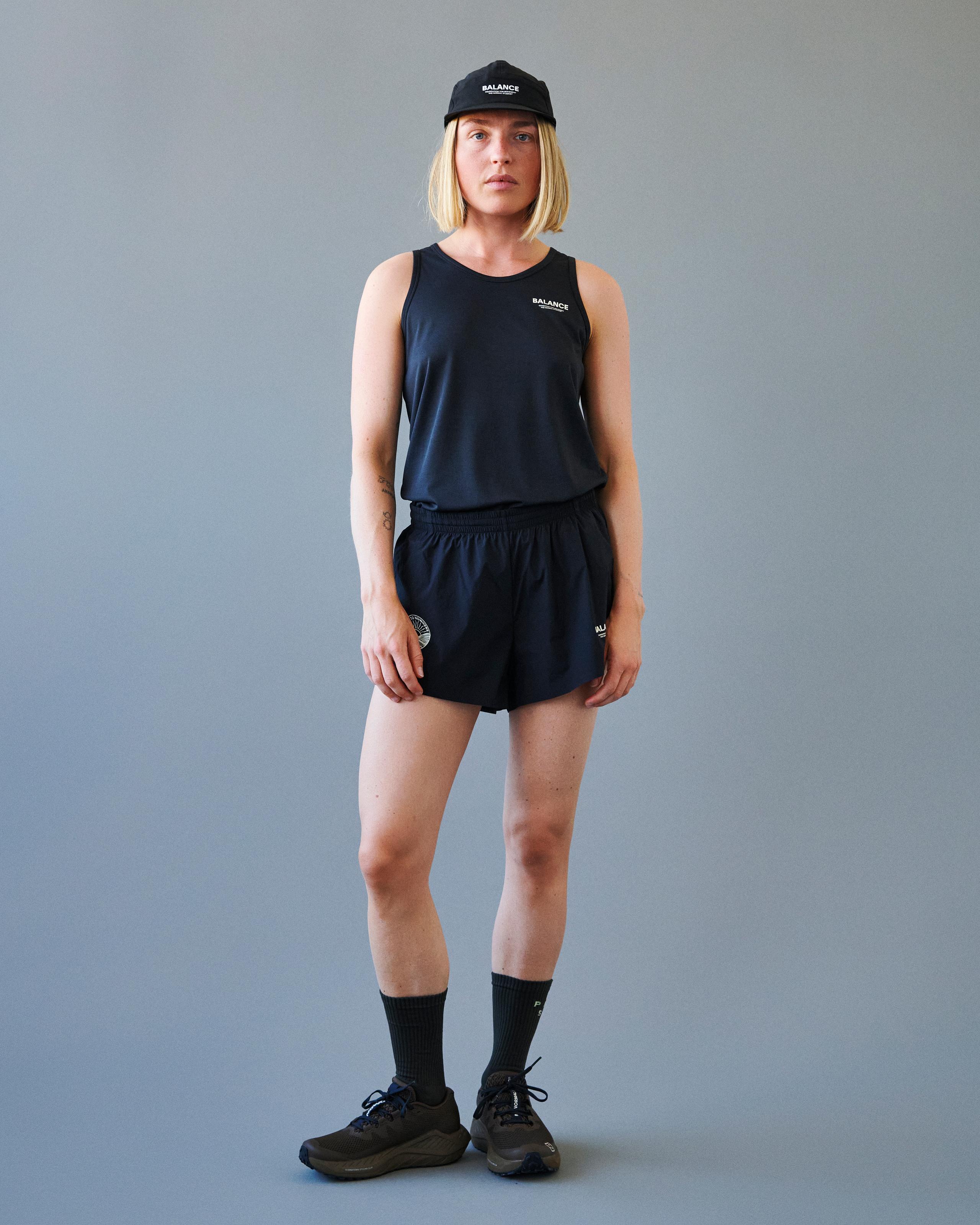 Black Balance shorts on model with elastic waistband