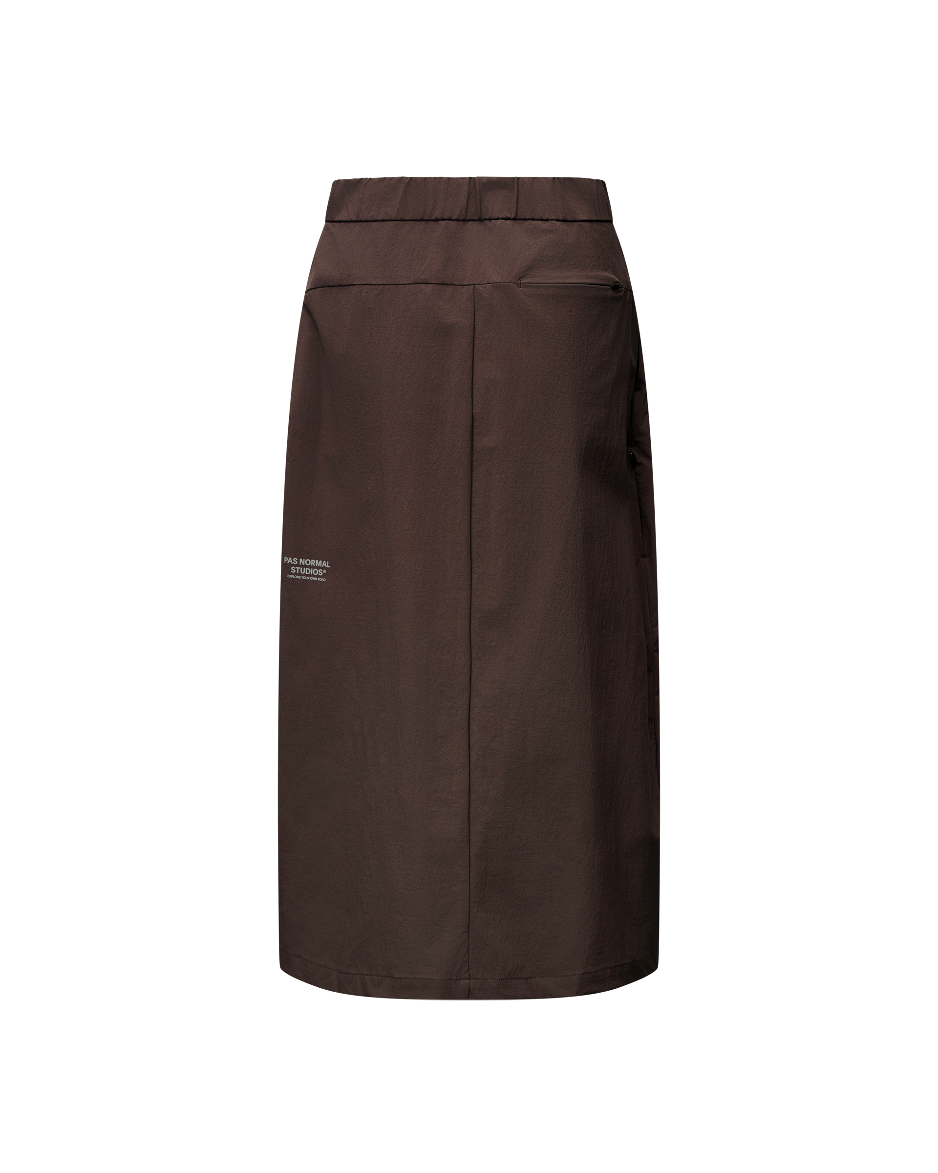 Dark Purple Off-Race Tech skirt, rear view with elastic waistband and white logo print