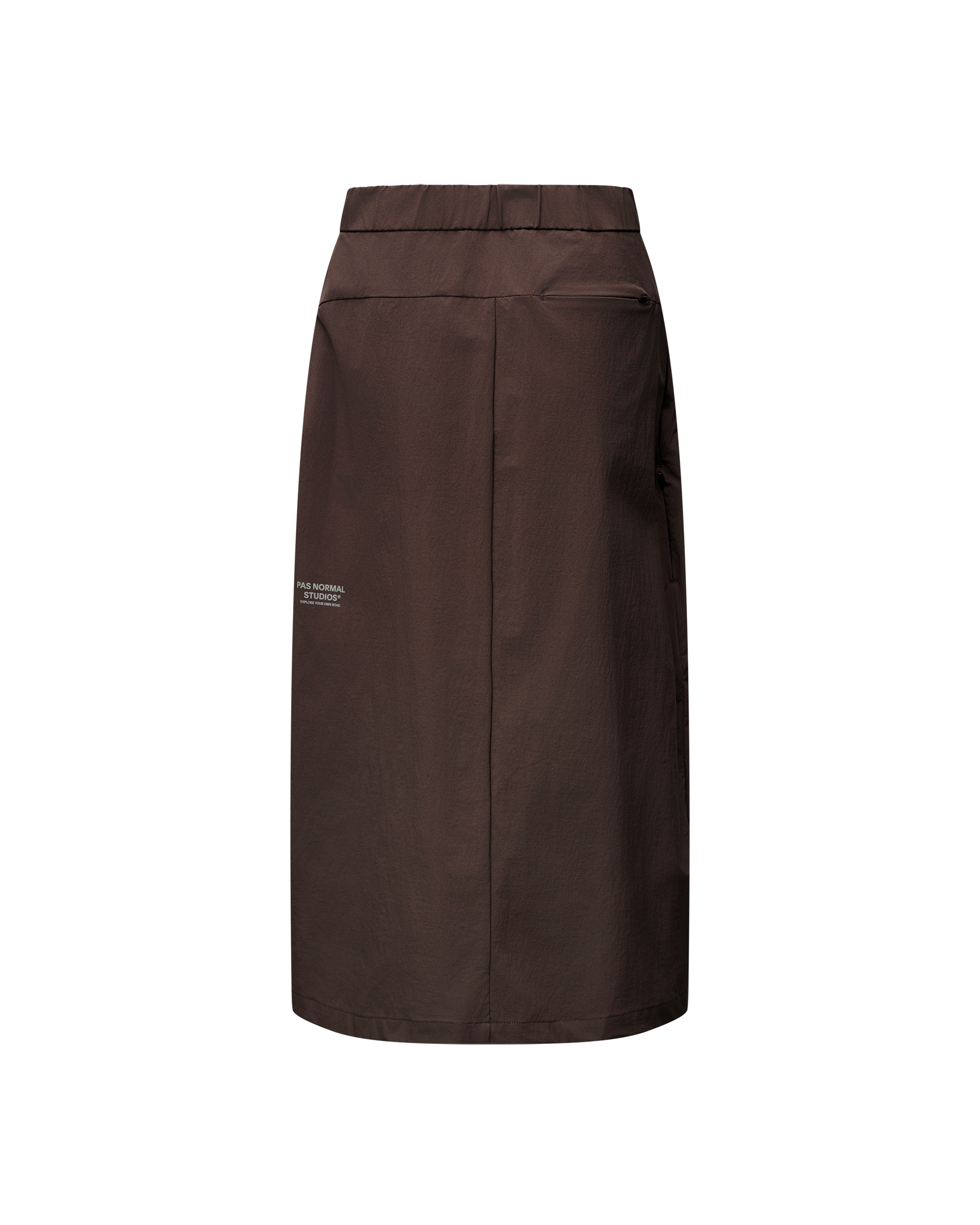 Dark Purple Off-Race Tech skirt, rear view with elastic waistband and white logo print