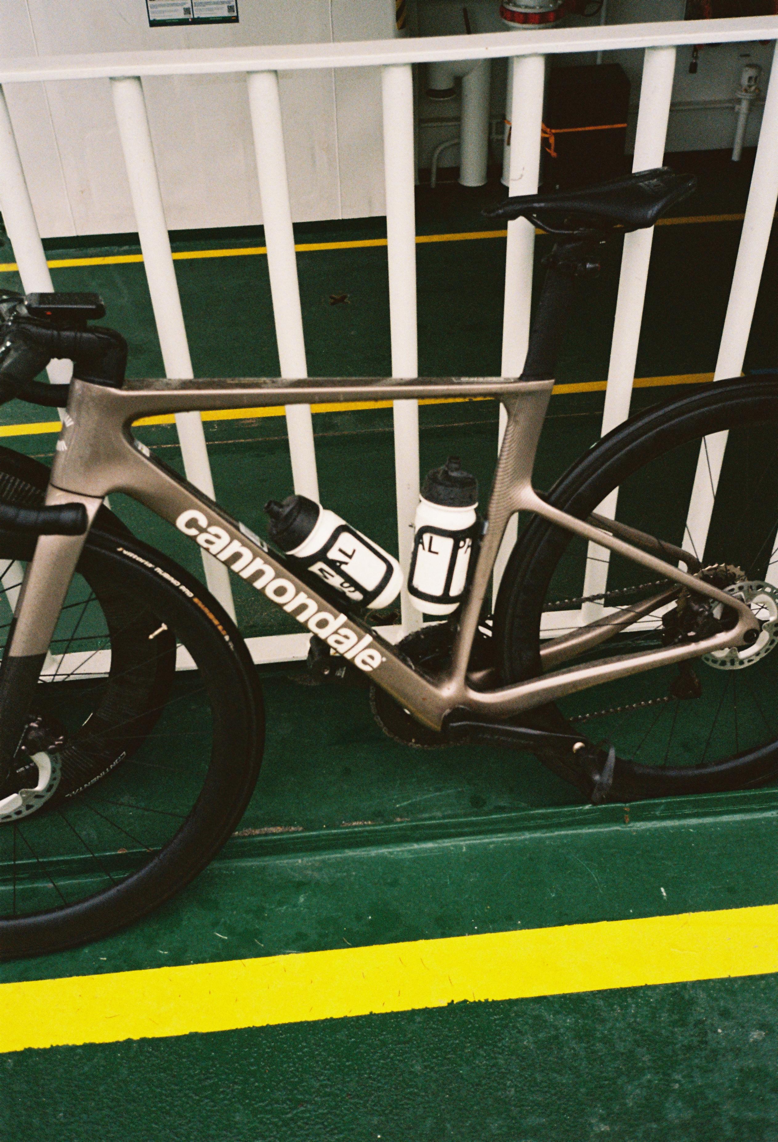 Cannondale time trial bike with aerodynamic frame in underground parking garage